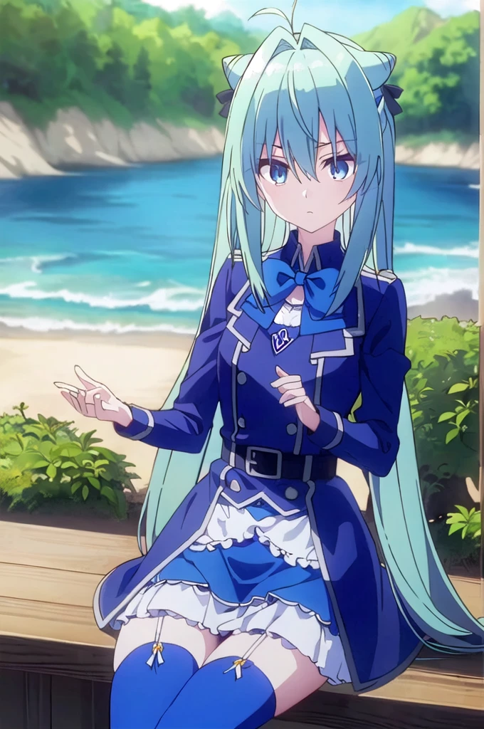 long hair, skirt, blue hair, cyan eyes, blue thighhighs, long sleeves, cyan ribbons, very long twintails, lighting cyan ahoge, blue belt, cyan bowtie, blue thighhighs, garter straps, blue bow, hair intakes, white skirt, blue bowtie, cone hair bun, looking at viewer, sad, closed mouth, outdoors, sitting on the beach, (beautiful detailed eyes:1.6), extremely detailed face, perfect lighting, extremely detailed CG, (perfect hands, perfect anatomy), blue thighhighs,