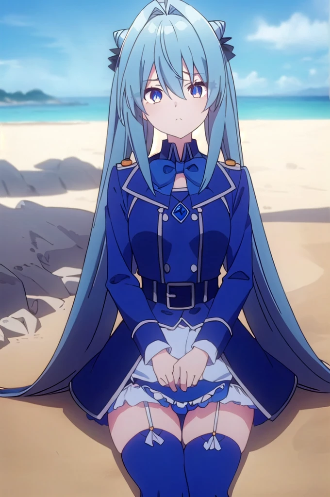 long hair, skirt, blue hair, cyan eyes, blue thighhighs, long sleeves, cyan ribbons, very long twintails, lighting cyan ahoge, blue belt, cyan bowtie, blue thighhighs, garter straps, blue bow, hair intakes, white skirt, blue bowtie, cone hair bun, looking at viewer, sad, closed mouth, outdoors, sitting on the beach, (beautiful detailed eyes:1.6), extremely detailed face, perfect lighting, extremely detailed CG, (perfect hands, perfect anatomy), blue thighhighs,
