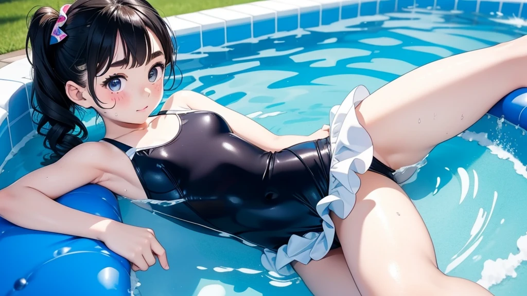 masterpiece,Highest quality,Cute doodles,Hilarious, Honor student, 8--old, length,Curly Hair, Twin tail hair,Vibrant, inquisitive eyes,freckles,Thick eyebrows,Open Fly,Swim in a simple pool in your garden,Jojo Fashion,Water gun,Wet body,たくさんのsplash,Water Drop,enjoy playing in the water,splash, Sheer one-piece swimsuit for children with white skirt,