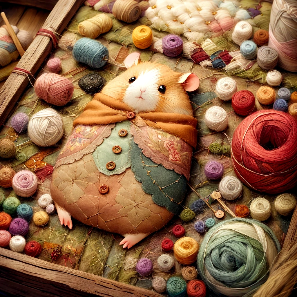 handicraft artwork,patchwork,Wool felt,cloth,yarn,button,felt fabric,Embroidery thread,Handicrafts with a warm and gentle atmosphere,hamster bard,A dream-like sight,rustic colors,intricate details,artwork,Three-dimensional