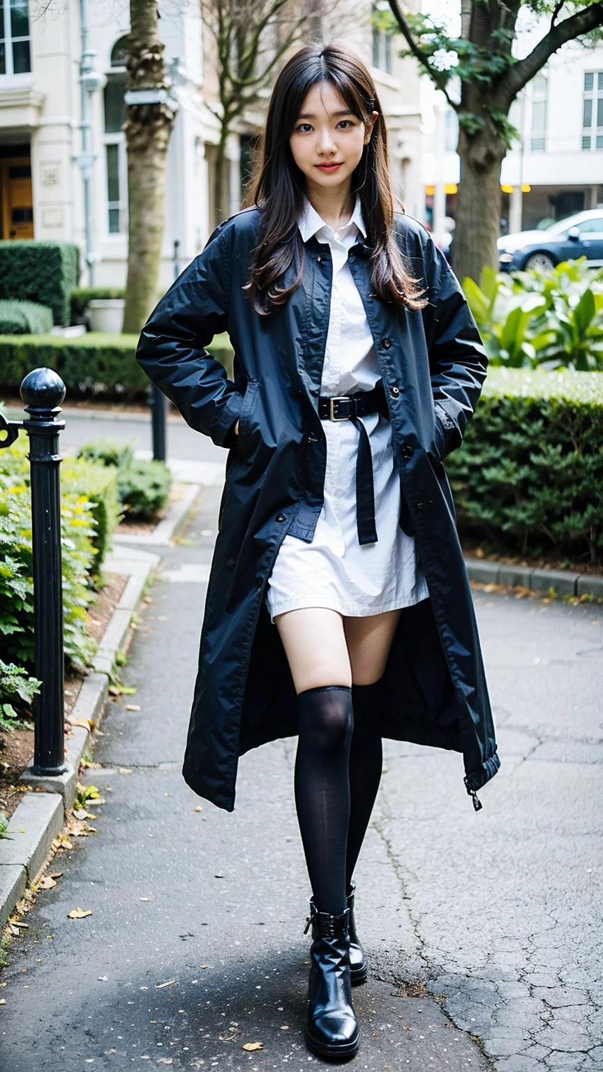 (8K、RAW Photos、Highest quality、masterpiece:1.2)、(Realistic、Realistic)、1 Girl、((mini skirt、coat、black、Thin legs、whole body、boots、one piece、tights、garden、View from the front、Looking into the camera、belt、Stand with hands on hips))、cute