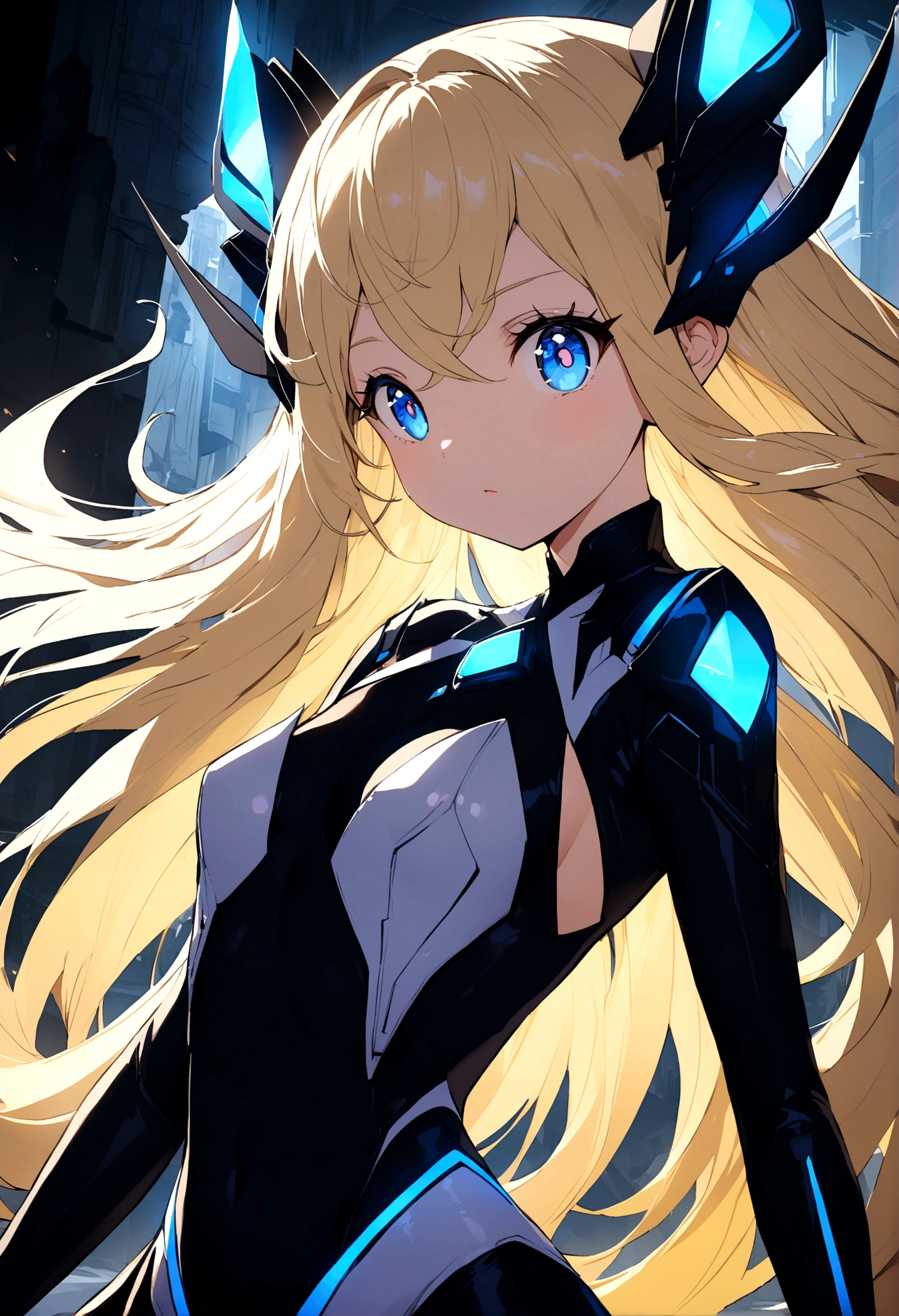 a futuristic magicalgirl, blond long hair, blue eyes, wearing a tight fitting clearly futuristic magicalgirl outfit