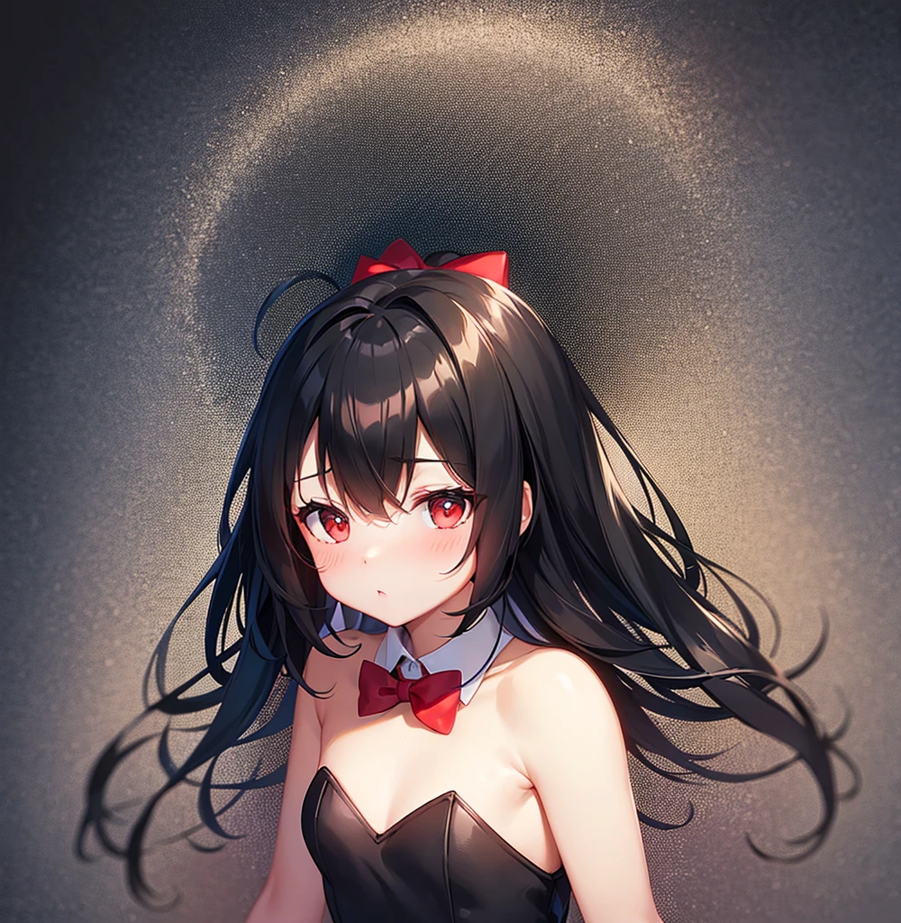 (Bunny girl),Red bow tie,Cute little ,Tiny ,Small girl,,Childish face, Very fine clean face,Top quality,Black Hair,(Dark Room), Subtle light, Natural light,Soft lighting,Light from directly behind, (Are standing),With bust up,Front view,Black background