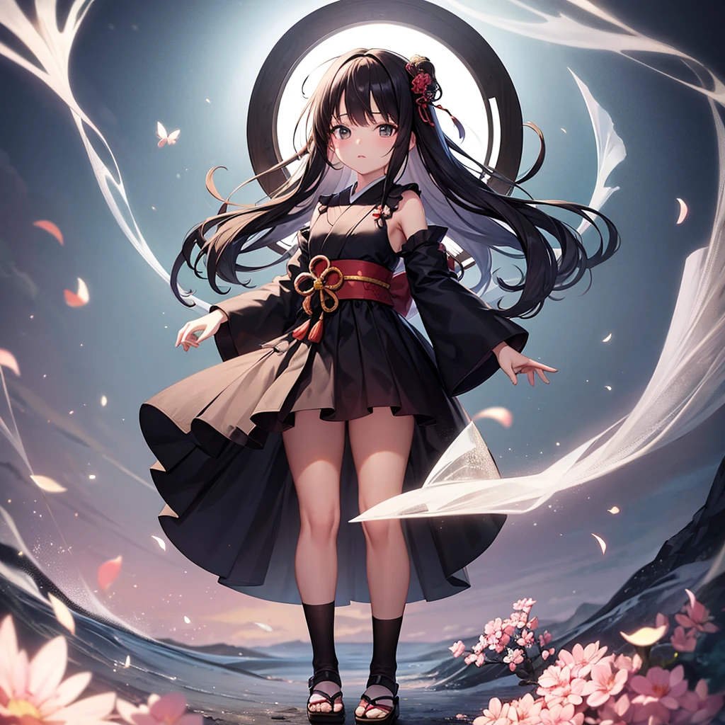 (Japanese style),one piece,Lolita Fashion,Cute little ,Tiny ,Small girl,,Childish face, Very fine clean face,Top quality,Black Hair,(Dark Room), Subtle light, Natural light,Soft lighting,Light from directly behind, (Are standing),With bust up,Front view,Black background