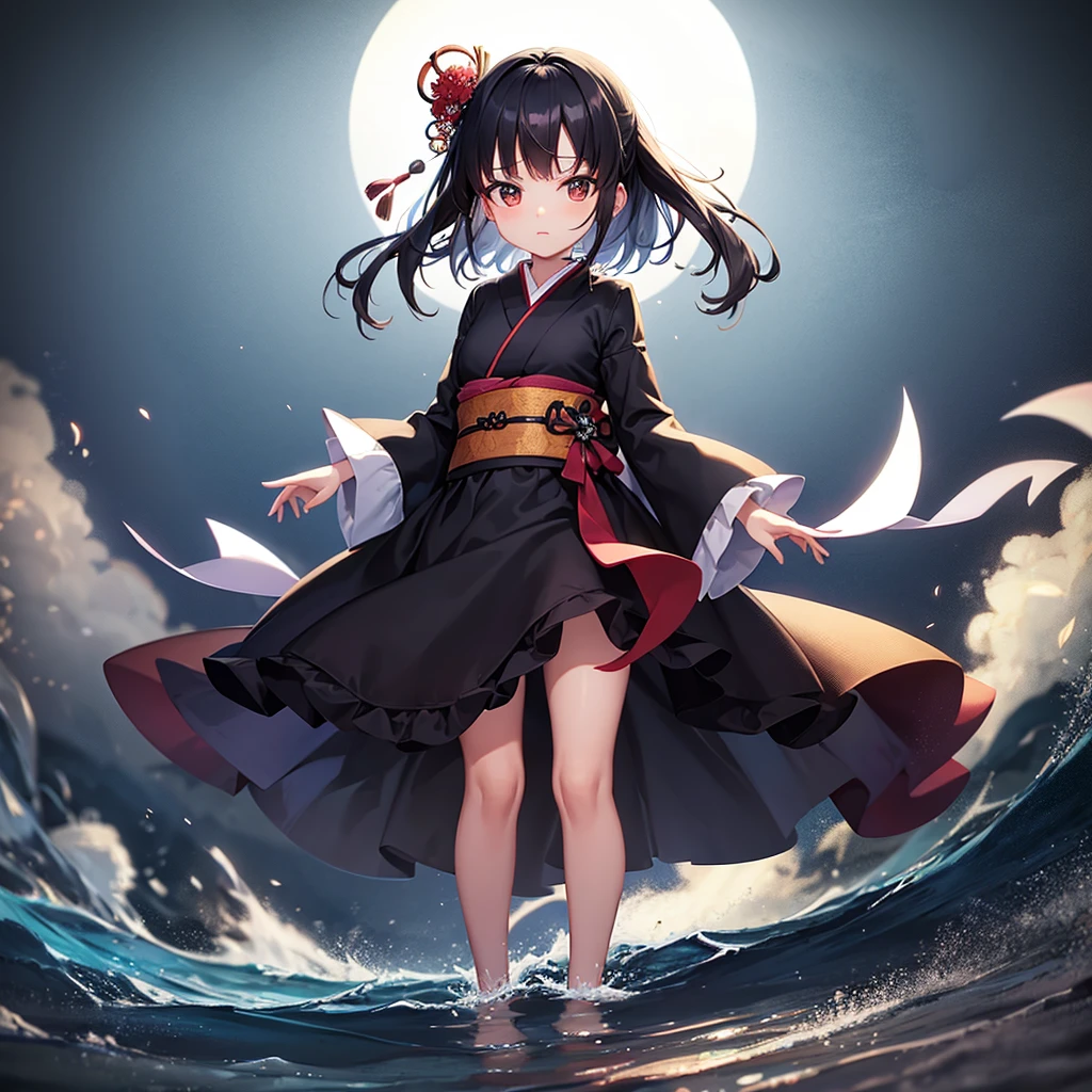 (Japanese style),one piece,Lolita Fashion,Cute little ,Tiny ,Small girl,,Childish face, Very fine clean face,Top quality,Black Hair,(Dark Room), Subtle light, Natural light,Soft lighting,Light from directly behind, (Are standing),With bust up,Front view,Black background