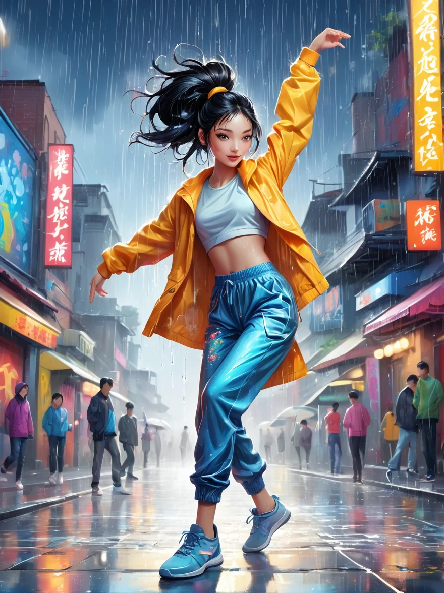 Cartoon illustration,Vector illustration,A girl full of energy,Showing off her breakdancing skills on a graffiti-covered urban dance floor,((beautiful eyes)),((Perfect and refined limbs)),She was barefoot,Loose and comfortable clothes,Perfect for dancing,Her black hair was tied into a high ponytail.,One hand rotation,Spin your feet in the air,(heavy rain:1.5),(The scene is filled with cold rain),The audience was impressed,She performed a complex move with ease.,The energy she captures is palpable,The air is filled with the rhythm of street music,(masterpiece,Best quality:1.2),lifelike,Reality,梦幻般的Light芒,错综复杂的detail,Ultra Detailed,detail,High contrast,美丽细致的Light芒,Bright,更多detail,精细发Light,very fine 8K CG wallpaper,Depth of Field,Abuse of color difference,Soft colors,非常精致的Light线,眩Light,Light,Light粒子,reflection