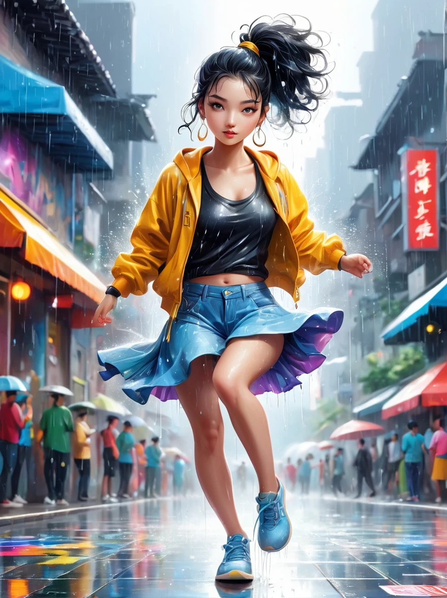Cartoon illustration，Vector illustration，A girl full of energy，Showing off her breakdancing skills on a graffiti-covered urban dance floor，((beautiful eyes))，((Perfect and refined limbs))，She was barefoot，Loose and comfortable clothes，Perfect for dancing，Her black hair was tied into a high ponytail.，One hand rotation，Spin your feet in the air，(heavy rain:1.5)，(The scene is filled with cold rain)，The audience was impressed，She performed a complex move with ease.，The energy she captures is palpable，The air is filled with the rhythm of street music，(masterpiece，Best quality:1.2)，lifelike，Reality，梦幻般的Light芒，错综复杂的detail，Ultra Detailed，detail，High contrast，美丽细致的Light芒，Bright，更多detail，精细发Light，very fine 8K CG wallpaper，Depth of Field，Abuse of color difference，Soft colors，非常精致的Light线，眩Light，Light，Light粒子，reflection