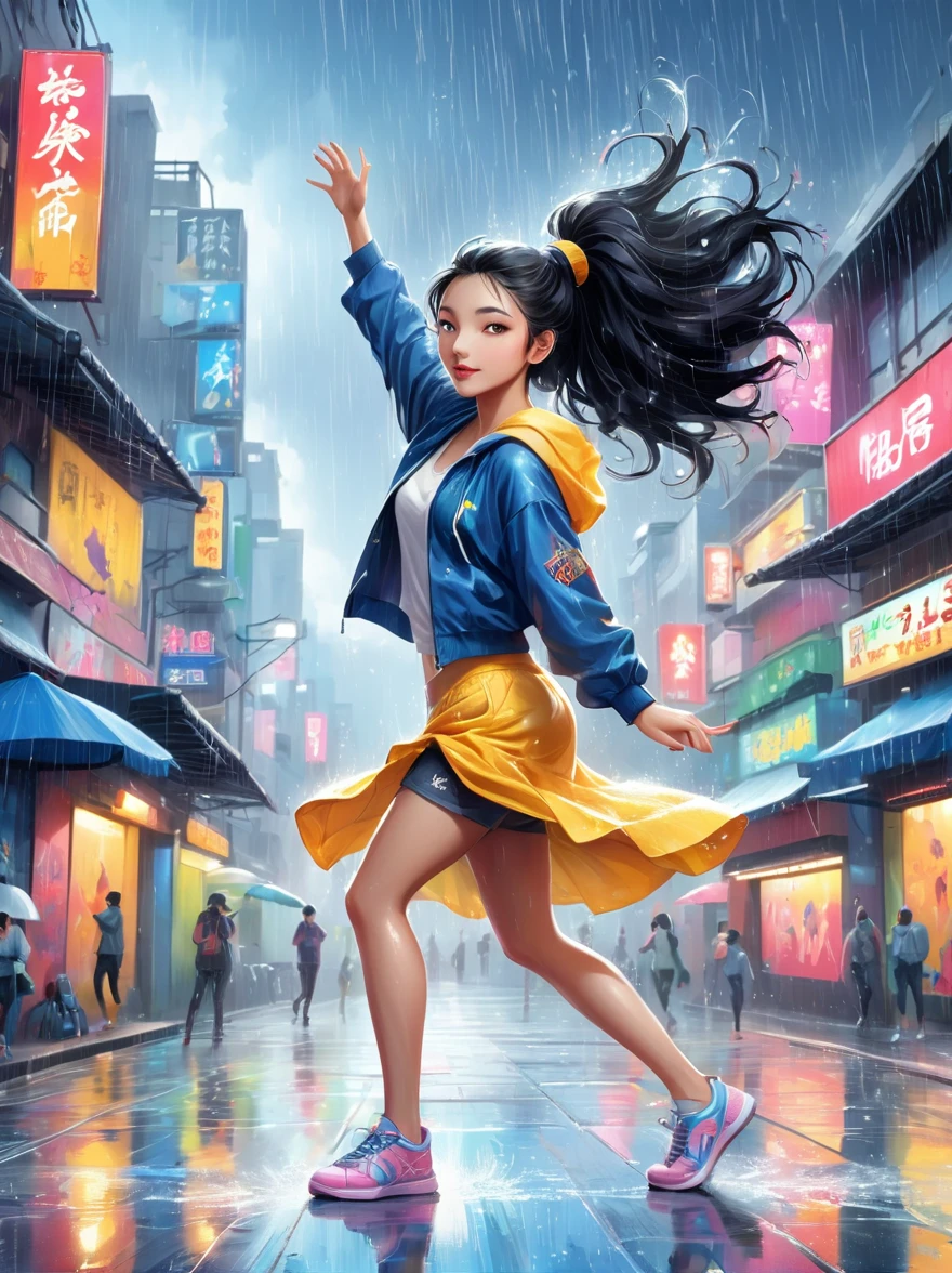 Cartoon illustration，Vector illustration，A girl full of energy，Showing off her breakdancing skills on a graffiti-covered urban dance floor，((beautiful eyes))，((Perfect and refined limbs))，She was barefoot，Loose and comfortable clothes，Perfect for dancing，Her black hair was tied into a high ponytail.，One hand rotation，Spin your feet in the air，(heavy rain:1.5)，(The scene is filled with cold rain)，The audience was impressed，She performed a complex move with ease.，The energy she captures is palpable，The air is filled with the rhythm of street music，(masterpiece，Best quality:1.2)，lifelike，Reality，梦幻般的Light芒，错综复杂的detail，Ultra Detailed，detail，High contrast，美丽细致的Light芒，Bright，更多detail，精细发Light，very fine 8K CG wallpaper，Depth of Field，Abuse of color difference，Soft colors，非常精致的Light线，眩Light，Light，Light粒子，reflection