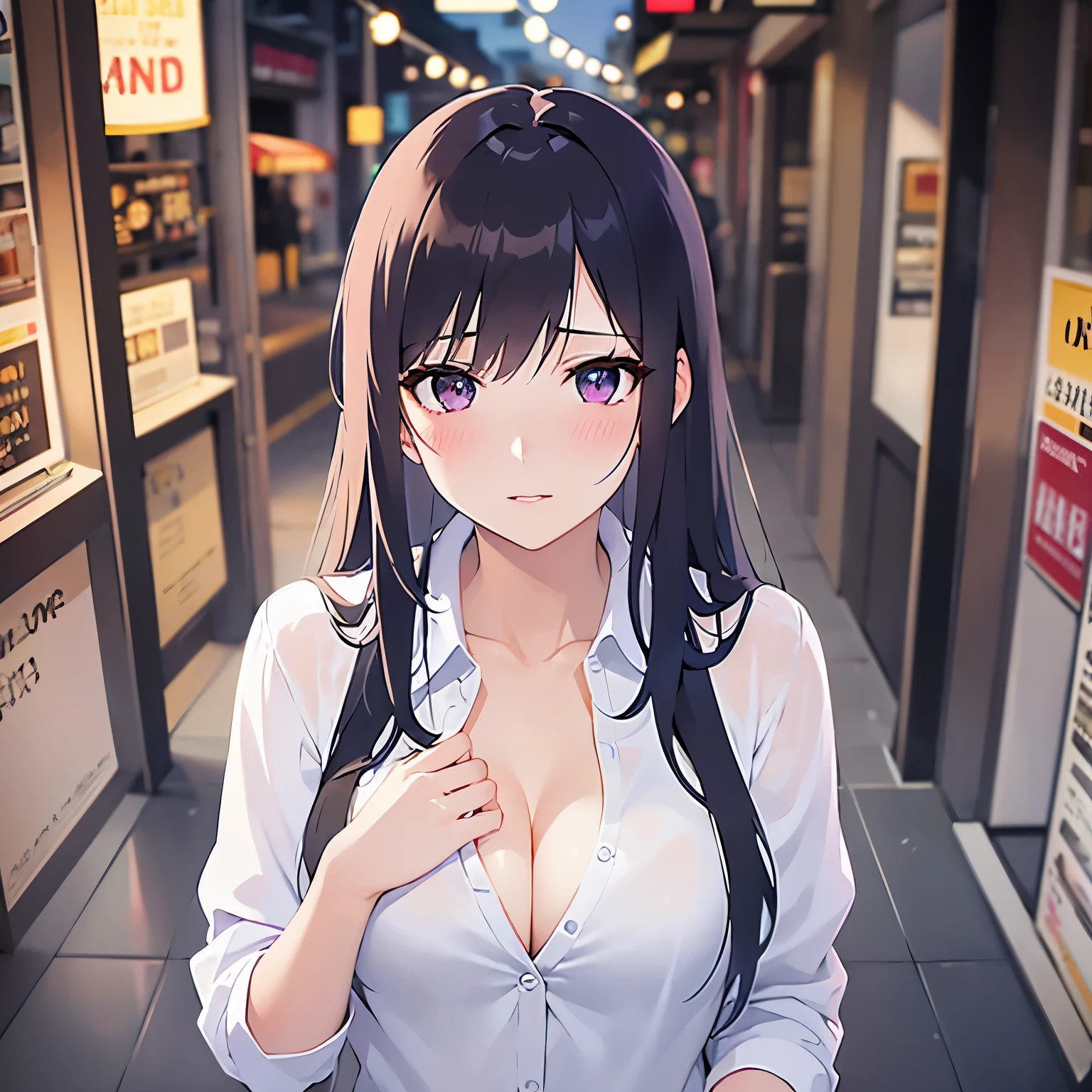 open clothes, Shooting from above、, hand on own chest、Biologically correct five fingers、Realistic, real person, (pale skin: 1.2), RAW photo, photorealistic, shiny skin, shiny hair、(A 25-year-old woman with straight hair and bangs) and (medium hair) and (black hair) and (purple eyes) , white collared shirt, cleavage, (blush:1.5), The background is a shopping street at night、Alone