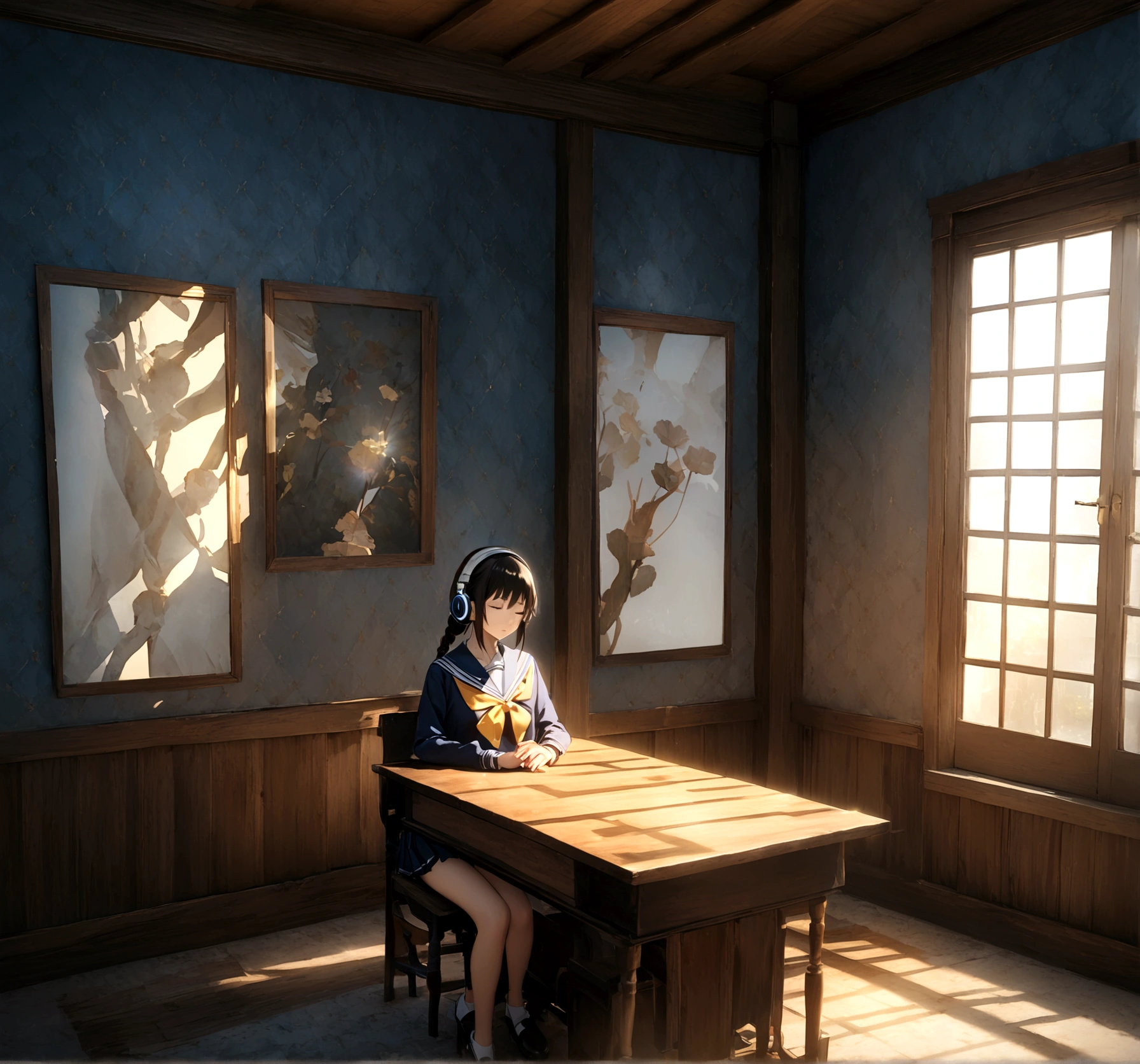 1 female\High school student,Long Braid Hair,Hair color black,Dazzling sunshine,Sailor Suit, Sitting at a desk,Wearing headphones,Sitting at a desk用笔记本, Blue sky and white clouds outside the window,There is also a sleeping cat on the table ,quality\(8K,Extremely detailed CG unit wallpaper, masterpiece,high resolution,top-quality,top-quality real texture skin,Surrealism,提high resolution,original photo,Best quality,Very detailed,wallpaper,light,Ray Tracing,Golden Ratio\)