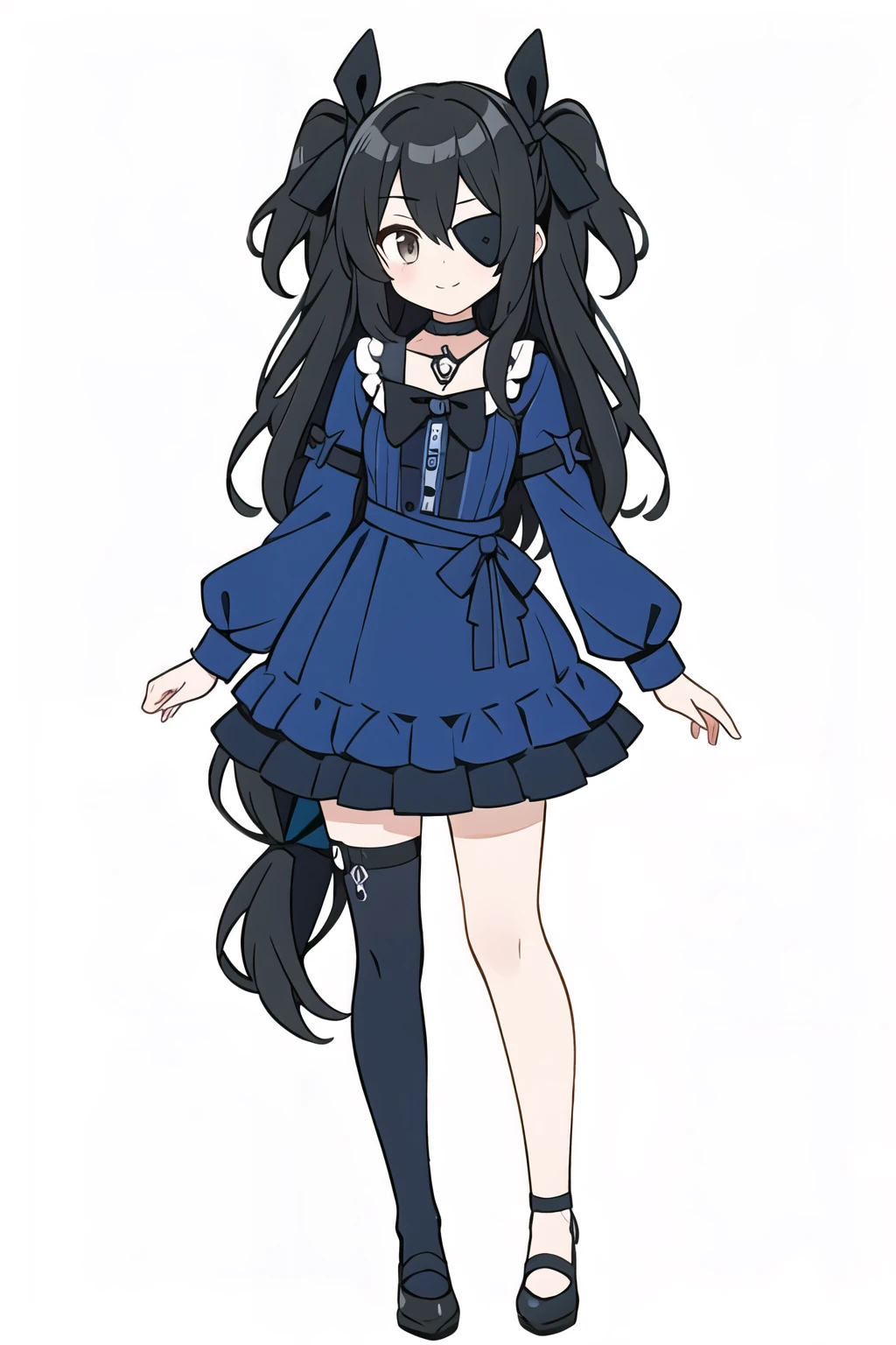 1girl, asymmetrical legwear, bangs, black eyepatch, black hair, blue dress, blue legwear, bow, choker, dress, eyepatch, frills, long hair, long sleeves, looking at viewer, medical eyepatch, ribbon, shoes, single thighhigh, smile, solo, standing, thighhighs, two side up