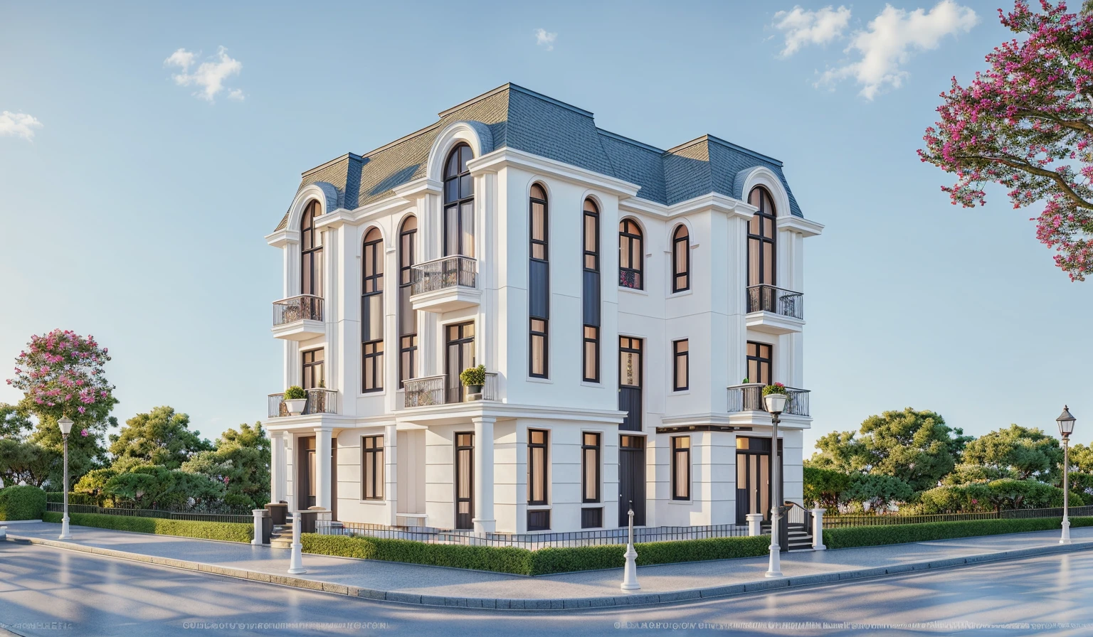 PLATEFORME KTHOUSE, Beaucoup de belles fleurs rouges le long de la route:1.3, Romantique, 1 maison de style néoclassique, La maison de ville est faite de murs blancs, Belle lumière, journée de beauté, ensoleillé, Beaucoup de bougainvilliers rouges le long de la route:1.3, belle sensation de jeunesse :1.2, soleil à midi, Très belles ombres, 