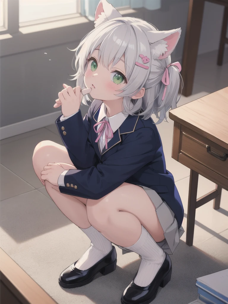 Highest quality,masterpiece,Green Eyes, Grey Hair, hair ornaments, Animal ears, Flat Chest,uniform,Navy Blue Blazer,White shirt,Pink ribbon,Grey Skirt,Pink Panties,White long socks,Black low heels,sitting on desk,1 Boy,squat,1. Looking up a girl&#39;s skirt