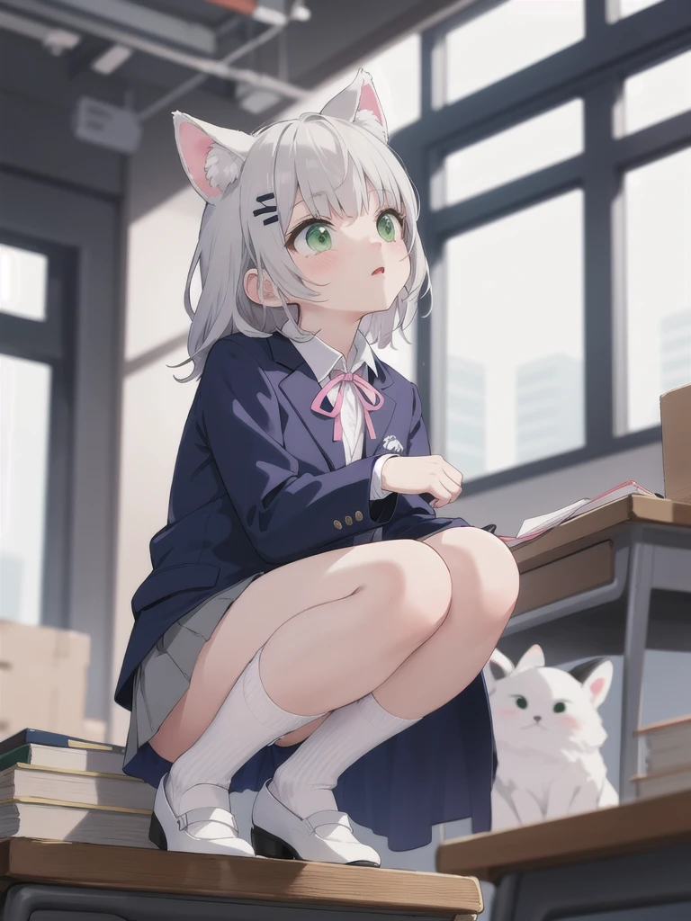 Highest quality,masterpiece,Green Eyes, Grey Hair, hair ornaments, Animal ears, Flat Chest,uniform,Navy Blue Blazer,White shirt,Pink ribbon,Grey Skirt,Pink Panties,White long socks,Black low heels,sitting on desk,1 Boy,squat,1. Looking up a girl&#39;s skirt