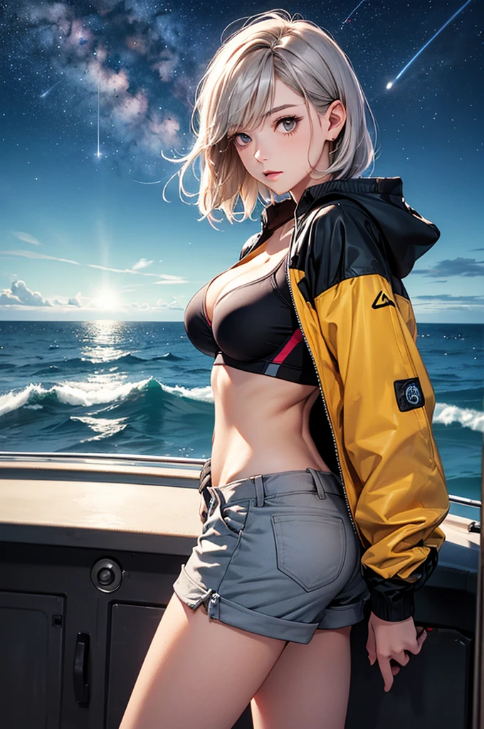 (masterpiece:1.5, Highest quality, Very detailed、 Dutch Angle、Realistic、2.5D、Realistic)(One Girl, Sports Girl)(Grey Hair:1.6,,short hair)(Sports Bra、Jacket:1.5、Shorts、肩にJacketをかける)、((medium breasts, Beautiful cleavage,underboob))(from backside),(Beautiful starry sky、Mystical Night、Particles of light float around the woman、Fantastic space、Ocean、On the boat)
