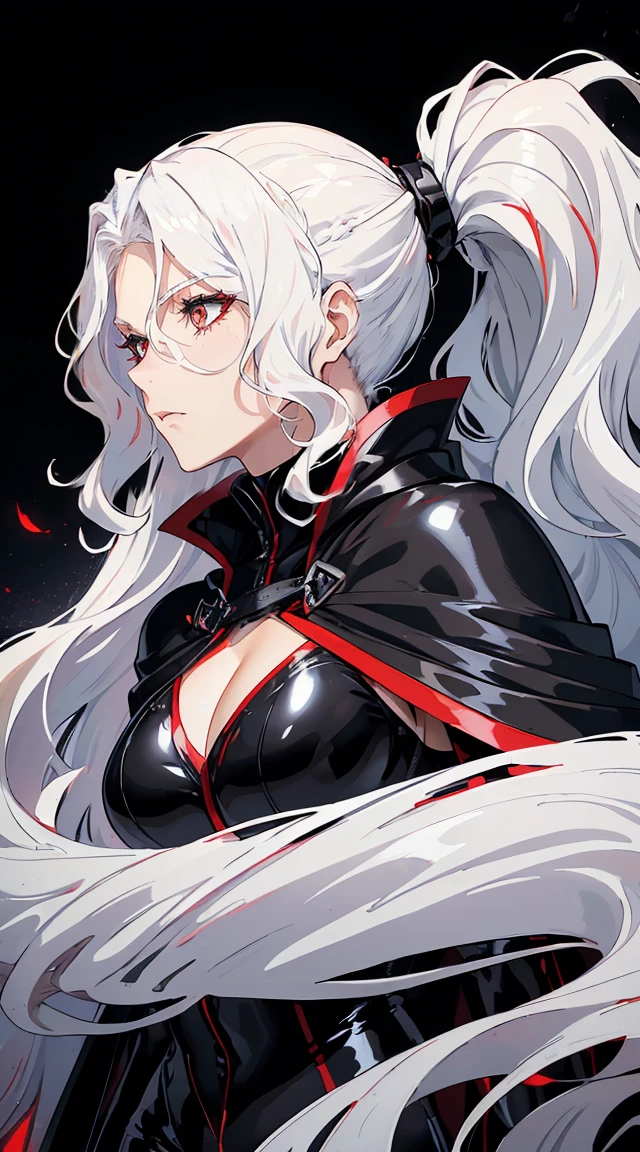 handsome older WOMAN,crimson-eyes,crimson pupils,Long white hair,Hyperresolution,accuracy,Detailed rendering,(Subtle facial image)(Image of fine hair)(topquality)(Masterpieces of masters)(High degree of completeness)(A sense of atmosphere)tmasterpiece,Super detailed and super detailed(portrait), long wavy white hair, (((tHICK WAVY HAIR)))(((ANKLE LENGTH HAIR))) (((Sakimichan))) (((white hair))) (((Latex black fight outfit))) (((Hair in ponytail))) (((skinny))) (((Latex black fight suit)))(((Stoic expression)))(((Black cloak)))