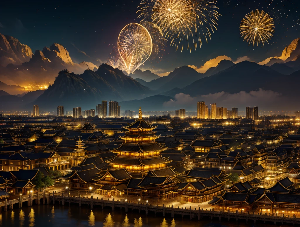 golden city, night, downtown, chinese big castle, HDR, 4k resolution, golden moon, golden cloud, firework, big river, mystical artwork, traditional artistry