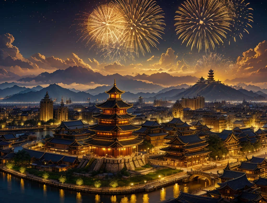 golden city, night, downtown, chinese big castle, HDR, 4k resolution, golden moon, golden cloud, firework, big river, mystical artwork, traditional artistry