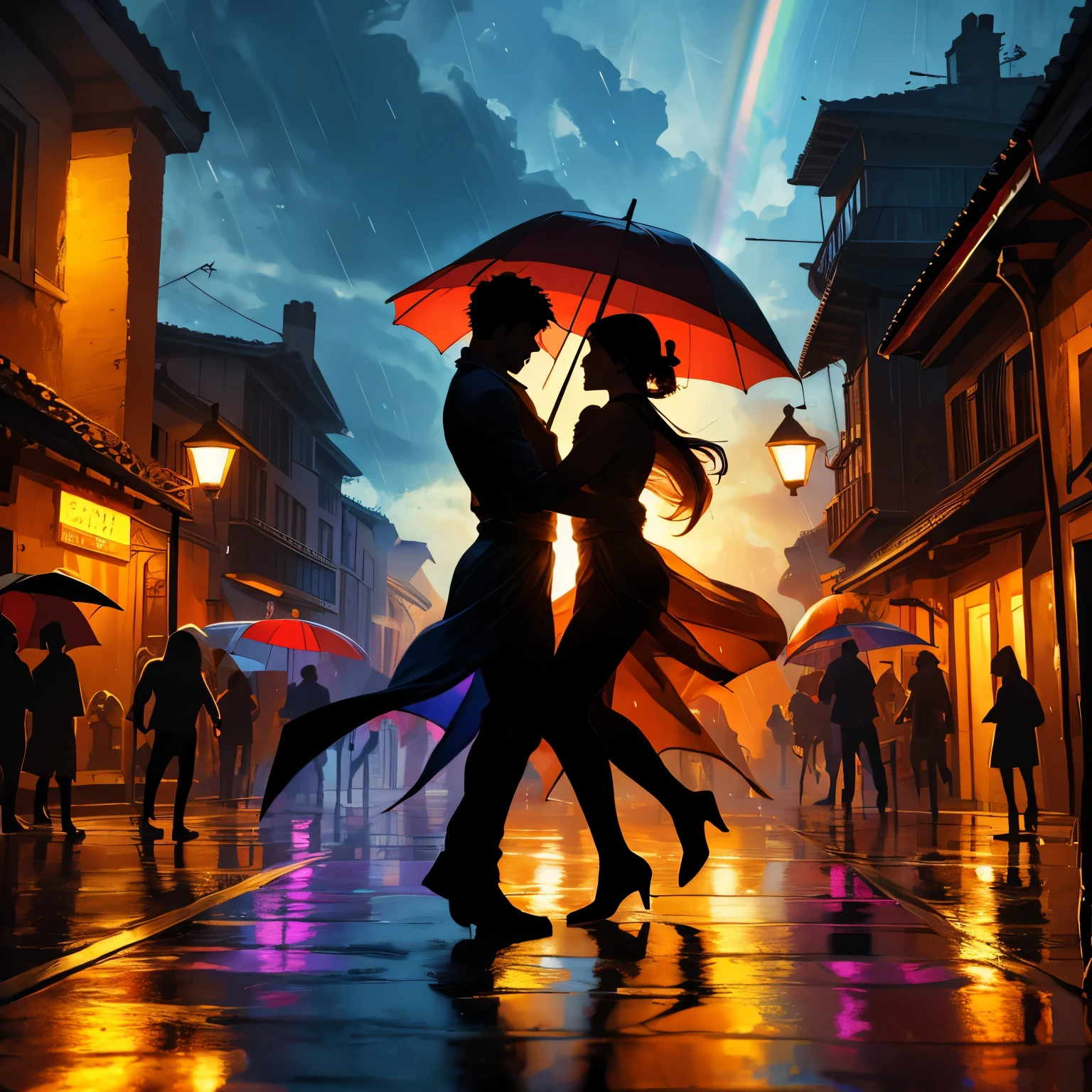 (best quality,8k,highres, masterpiece:1.2), ultra-detailed, HDR, UHD, studio lighting, ultra-fine painting, sharp focus, physically-based rendering, extreme detail description, professional, vivid colors, concept artists, warm color palette, dramatic lighting,(Pouring rain), men dancing with umbrellas, blue sky through the clouds, rainbows in the sky, (silhouette art)