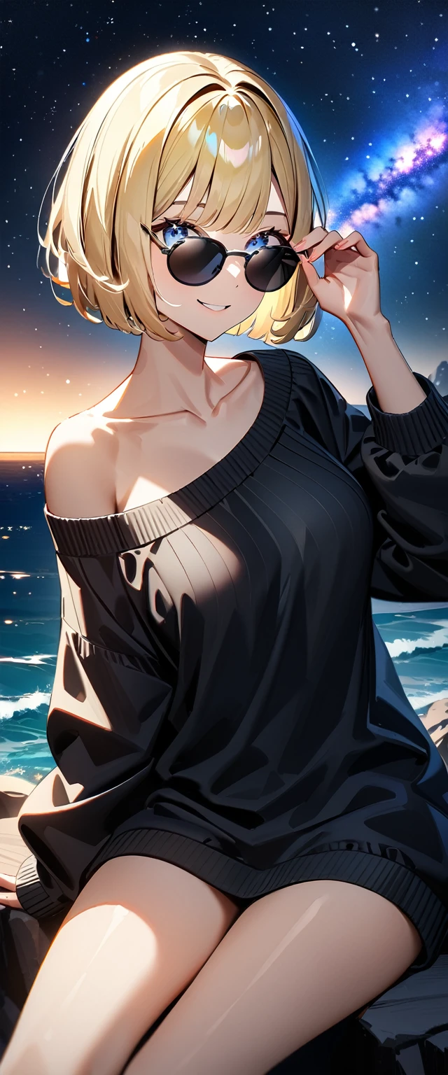 (((a beautiful starry sky, the Milky Way shining beautifully in the night))), ((bare legs)), (((sunglasses, hand to sunglasses))), (Aran sweater), ((((from side)))), upper body, ((sitting on the very high cliff)), wavy hair, inward curled hair, sea, beach, ((blond hair, bob cut:1.3)), breasts, teenager, (looking at viewer), oversized clothes, puffy long sleeves, ((off-shoulder sweater:1.3, Quite thick shoulder straps)), ((black sweater)), collarbone, head tilt:1.3, (((blue eyes))), happy smile, (((anime style))), (best quality, 4K, 8K, highres, masterpiece:1.2, ultra-detailed, ultra-detailed eyes, HDR, uhd, studio lighting, ultra-fine painting, sharp focus, physically-based rendering, extreme detail description, professional, vivid colors, bokeh)