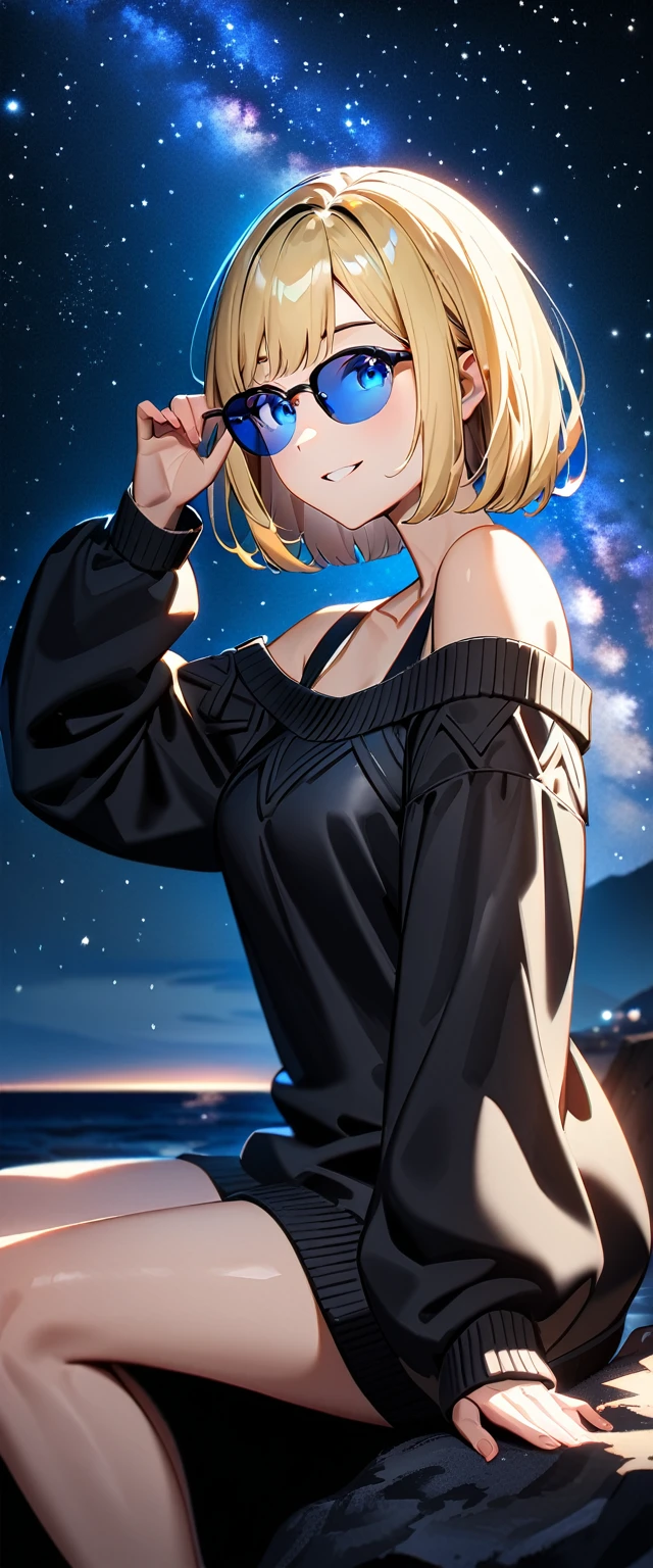 (((a beautiful starry sky, the Milky Way shining beautifully in the night))), ((bare legs)), (((sunglasses, hand to sunglasses))), (Aran sweater), ((((from side)))), upper body, ((sitting on the very high cliff)), wavy hair, inward curled hair, sea, beach, ((blond hair, bob cut:1.3)), breasts, ager, (looking at viewer), oversized clothes, puffy long sleeves, ((off-shoulder sweater:1.3, Quite thick shoulder straps)), ((black sweater)), collarbone, head tilt:1.3, (((blue eyes))), happy smile, (((anime style))), (best quality, 4K, 8K, highres, masterpiece:1.2, ultra-detailed, ultra-detailed eyes, HDR, uhd, studio lighting, ultra-fine painting, sharp focus, physically-based rendering, extreme detail description, professional, vivid colors, bokeh)