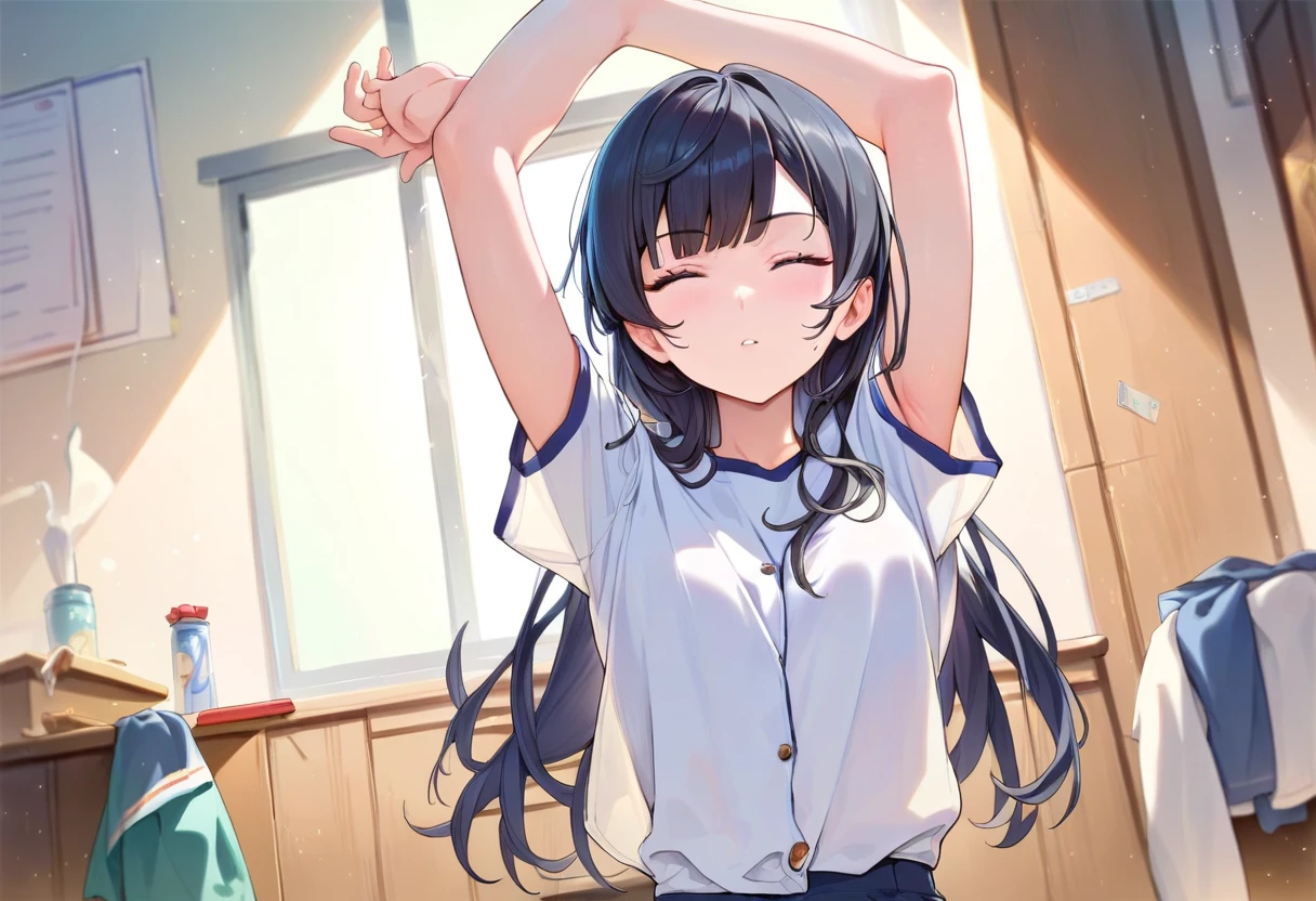 score_8_up, masterpiece, best quality, 1girl, solo, in a study room, black long hair, short sleeve shirt, arms above head, stretching, facing viewer, 