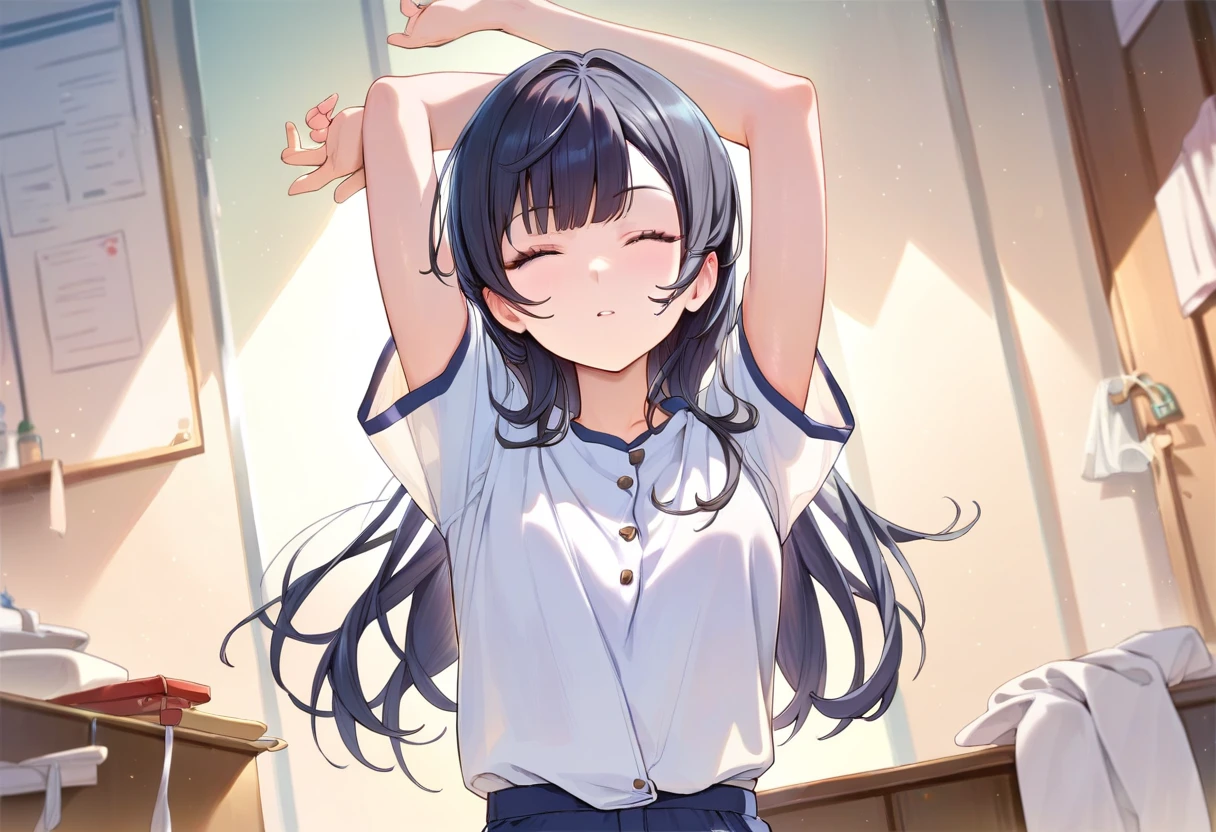 score_8_up, masterpiece, best quality, 1girl, solo, in a study room, black long hair, short sleeve shirt, arms above head, stretching, facing viewer, 