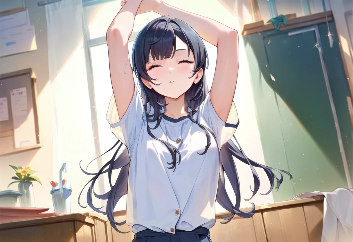 score_8_up, masterpiece, best quality, 1girl, solo, in a study room, black long hair, short sleeve shirt, arms above head, stretching, facing viewer, 