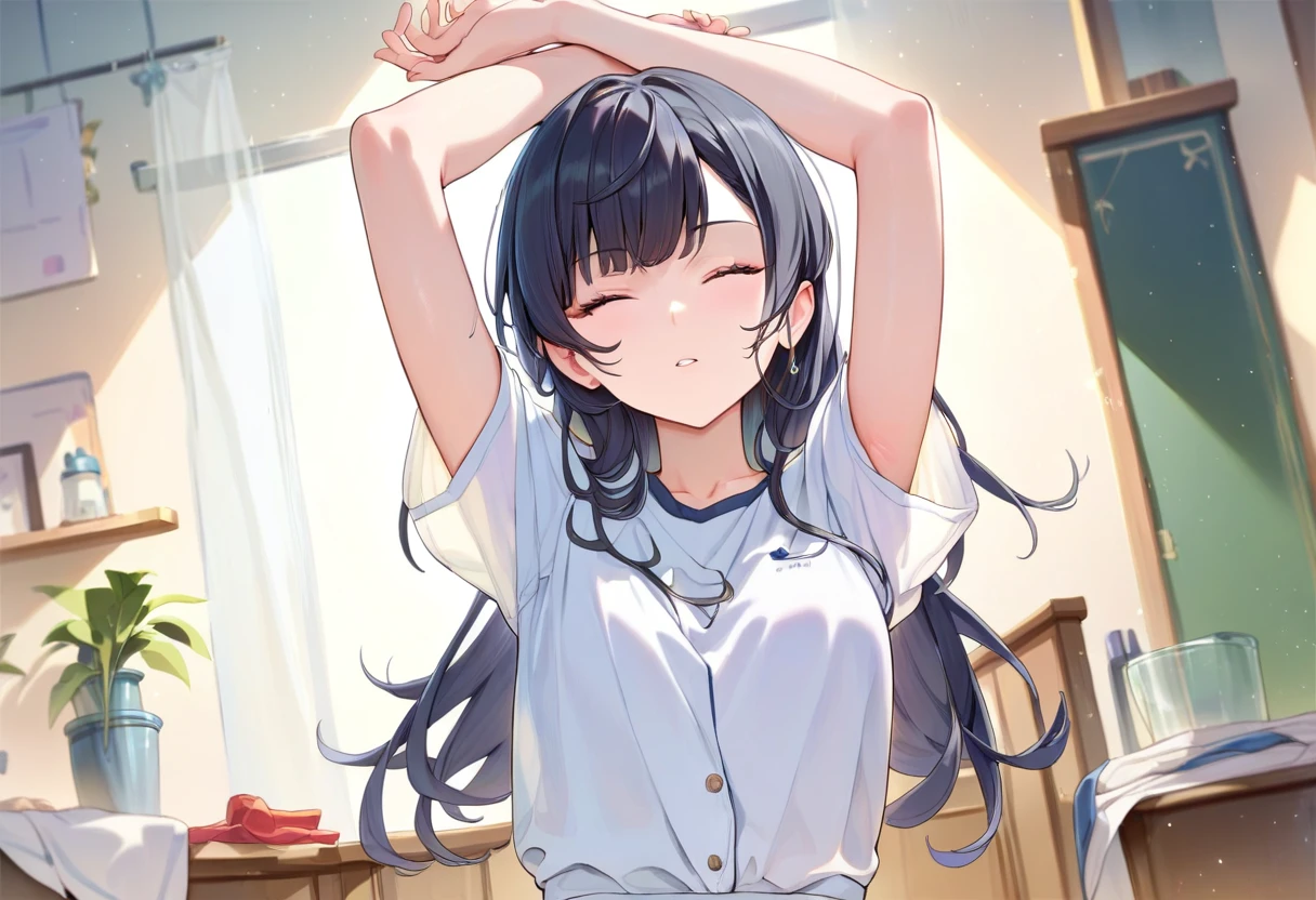 score_8_up, masterpiece, best quality, 1girl, solo, in a study room, black long hair, short sleeve shirt, arms above head, stretching, facing viewer, 