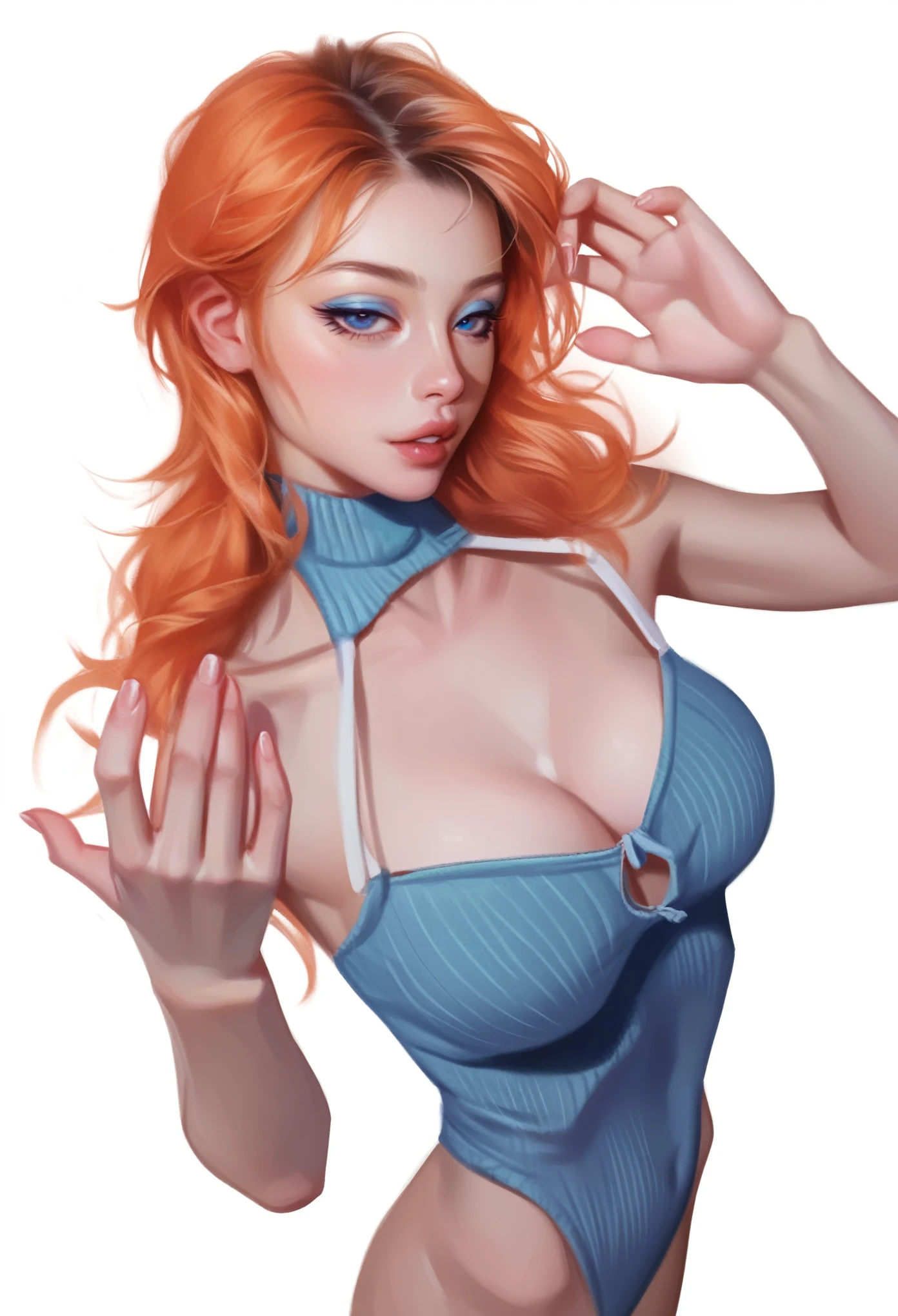 fuzzy, traditional art, Liu2, brush texture, check_9, check_8_up, check_7_up, 1 girl, orange hair, up to the shoulder blades, straight hair, long hair, Blue eyes, Plump lips, Long eyelashes, half-closed eyes, adult, beautiful make-up, big breasts, blue eyeshadow, Looking at the viewer, BREAK solo, standing, adult, skinny, high leg, arched back, hip gap, BREAK (White background:1.2), simple background, dynamic pose, dynamic angle, Corner shot, casual wear, Beautiful anatomy, perfect hands, High-quality fingers, good hands, high detail, detailed art