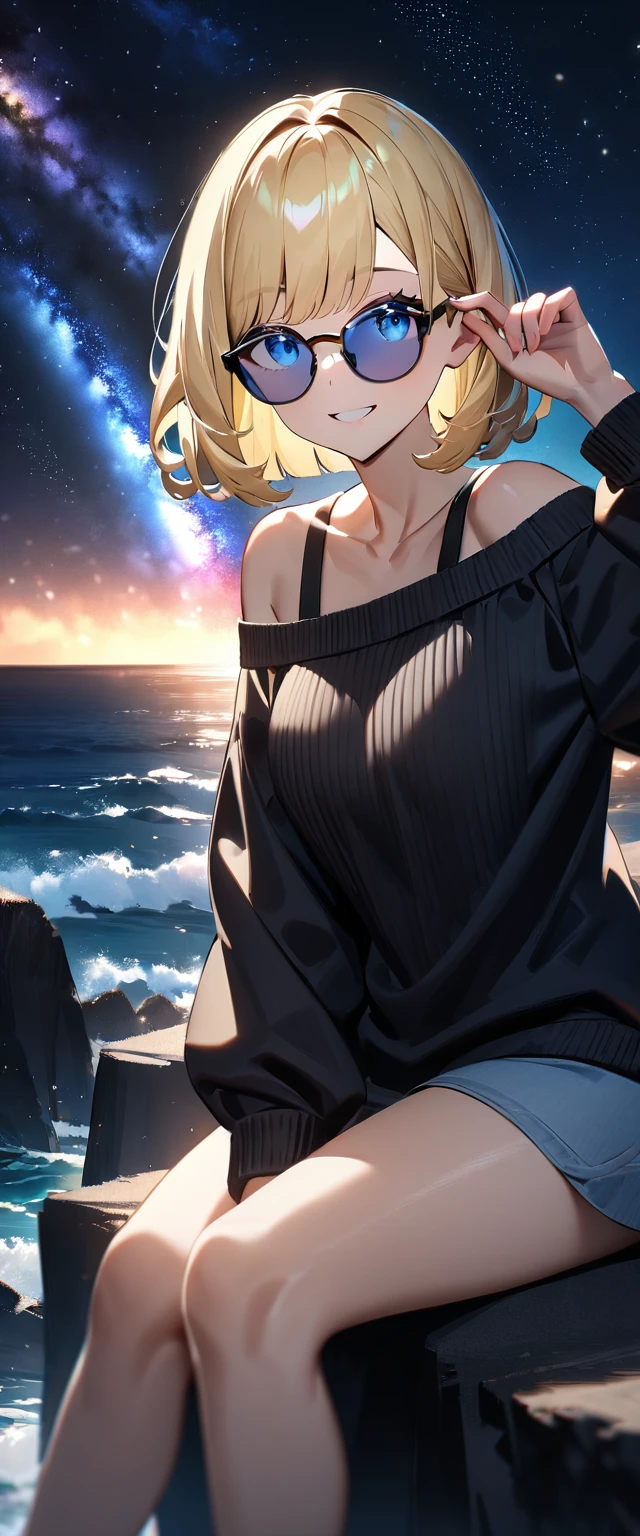 (((a beautiful starry sky, the Milky Way shining beautifully in the night))), ((bare legs)), ((Aran sweater)), ((((from side)))), upper body, ((sitting on the very high cliff)), wavy hair, inward curled hair, sea, ((blond hair, bob cut:1.3)), breasts, teenager, (looking at viewer), oversized clothes, puffy long sleeves, ((off-shoulder sweater:1.3, Quite thick shoulder straps)), ((black sweater)), collarbone, head tilt:1.3, (((blue eyes))), happy smile, (((anime style))), (best quality, 4K, 8K, highres, masterpiece:1.2, ultra-detailed, ultra-detailed eyes, HDR, uhd, studio lighting, ultra-fine painting, sharp focus, physically-based rendering, extreme detail description, professional, vivid colors, bokeh)