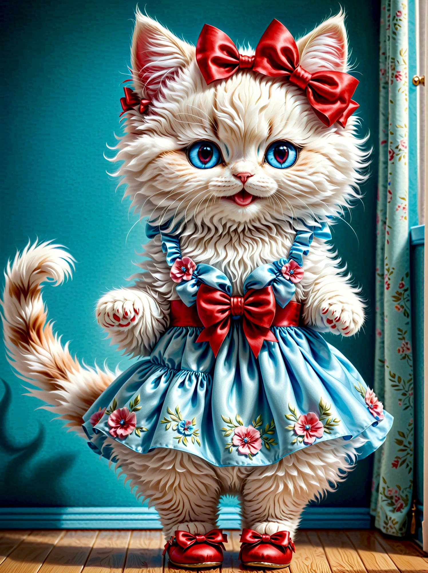 White fluffy, realistic, kitten, standing on its hind legs in a colored dress and red shoes, on its head a bow to match the dress, handbag, smiling, blue doll eyes, 18k