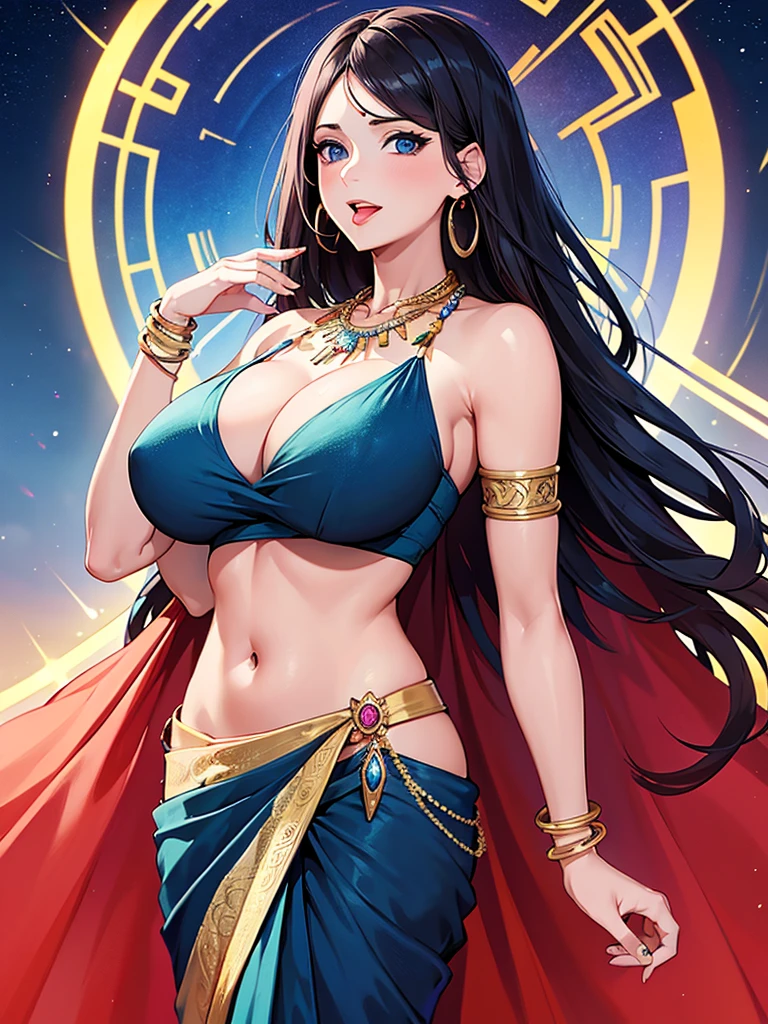 (absurderes, A high resolution, Ultra detailed, hdr), Masterpiece, Best quality, Portrait of an Indian uzumaki_kushina, extreme realistic very beautiful, animated style, closeup shot, anime in a((())) indian dress (((saree))), long black wavy hair untied, head jewellery, necklace, earings, armlets, bangles and bracelets, rings, pleasant expression, bright big blue eyes, natural beauty, vibrant colors,night sky, romantic, soft lighting, vintage aesthetic,huge ,navel, cleavading ,mouth open, saliva,tongue out,face on front