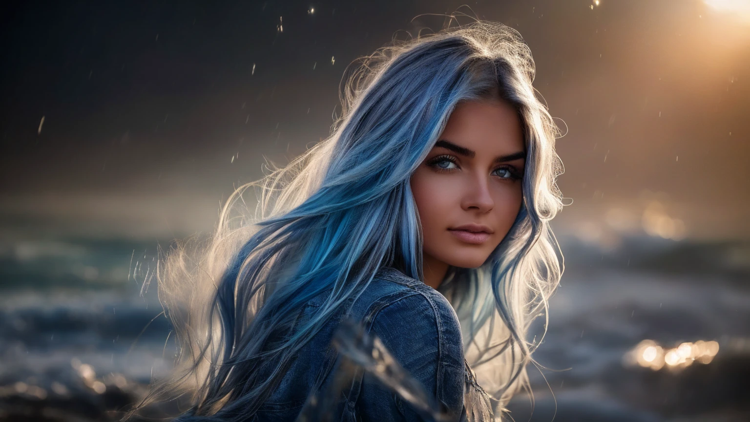 a photorealistic beautiful 25-year-old girl looks like a Hollywood star with long blue-white hair behind her nebula is blue gray,her hair is developing in the wind,(depth of field 1.2) she has a well-drawn pupil texture,maximum detail,splashes of raindrops and they glare in the sun,Ultra realistic photo, ultra skin detail, highly detailed texture, soft light, saturation, contrast,(masterpiece),ultra full HD 4K,clear focus, noise reduction ,