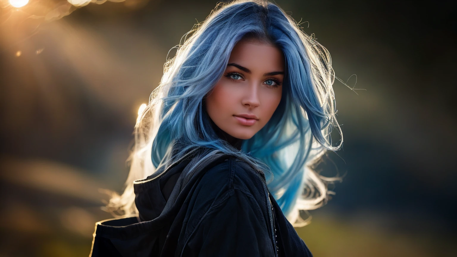 a photorealistic beautiful 25-year-old girl looks like a Hollywood star with long blue-white hair behind her nebula is blue gray,her hair is developing in the wind,(depth of field 1.2) she has a well-drawn pupil texture,maximum detail,splashes of raindrops and they glare in the sun,Ultra realistic photo, ultra skin detail, highly detailed texture, soft light, saturation, contrast,(masterpiece),ultra full HD 4K,clear focus, noise reduction ,