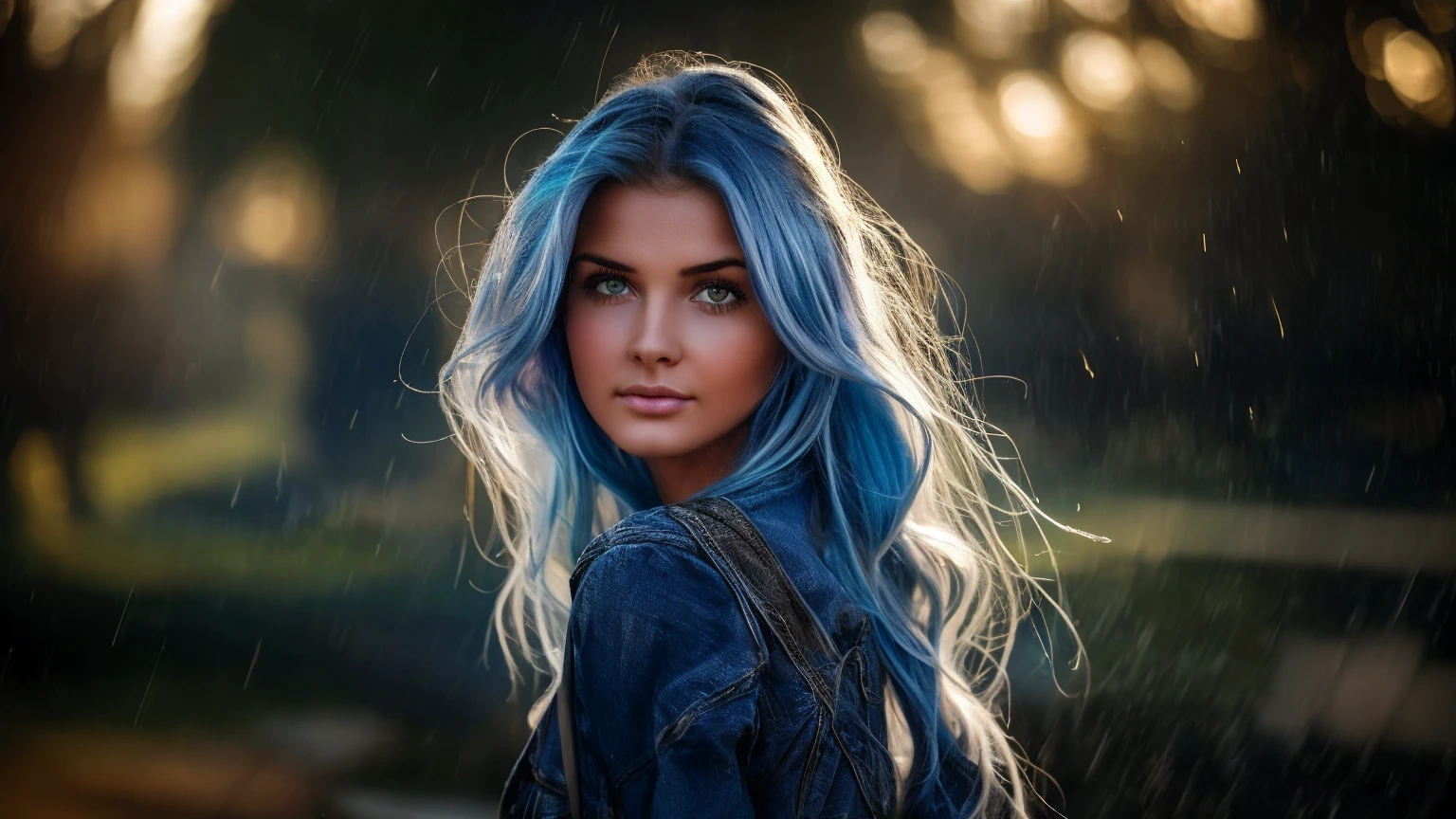 a photorealistic beautiful 25-year-old girl looks like a Hollywood star with long blue-white hair behind her nebula is blue gray,her hair is developing in the wind,(depth of field 1.2) she has a well-drawn pupil texture,maximum detail,splashes of raindrops and they glare in the sun,Ultra realistic photo, ultra skin detail, highly detailed texture, soft light, saturation, contrast,(masterpiece),ultra full HD 4K,clear focus, noise reduction ,