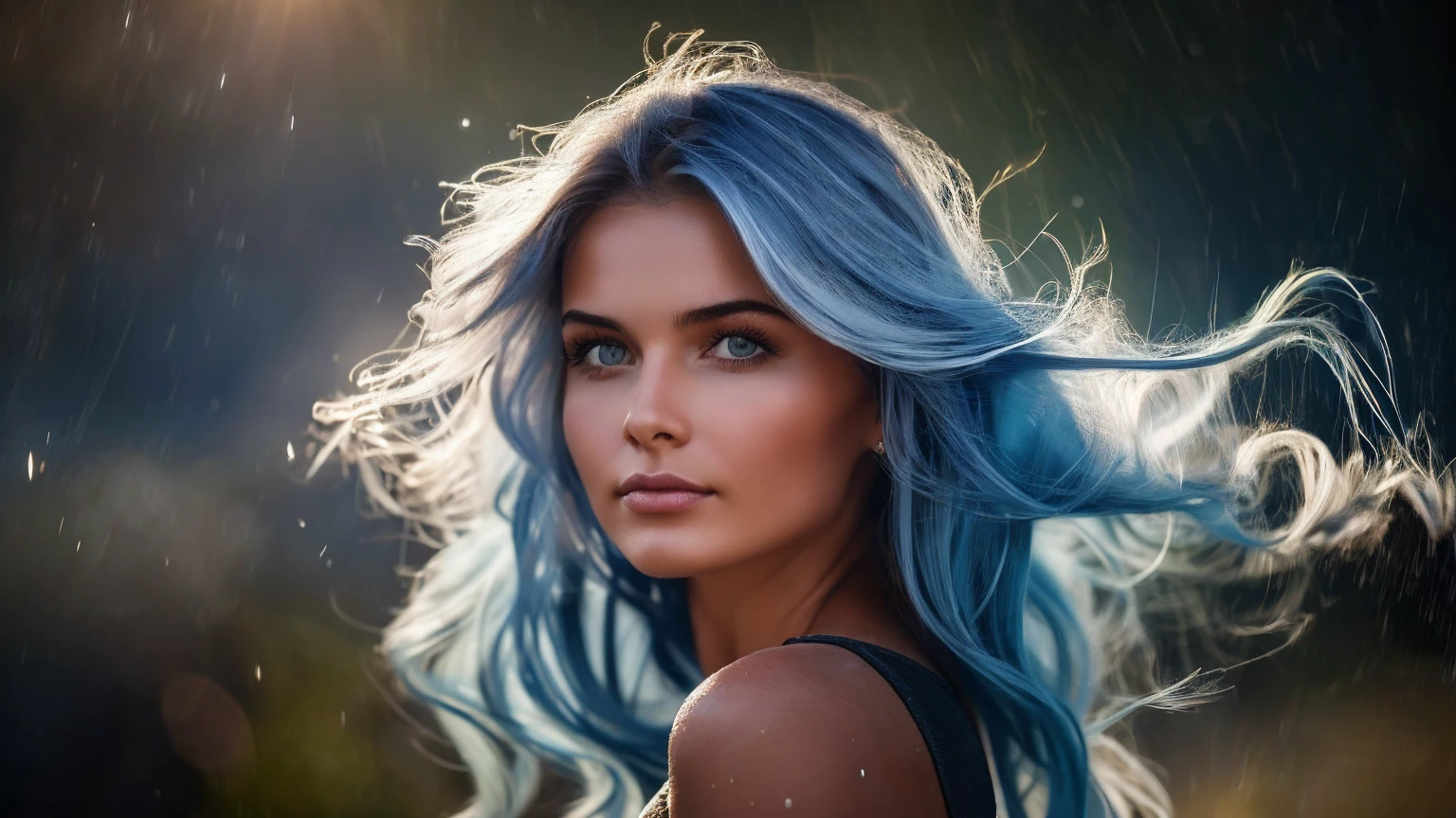 a photorealistic beautiful 25-year-old girl looks like a Hollywood star with long blue-white hair behind her nebula is blue gray,her hair is developing in the wind,(depth of field 1.2) she has a well-drawn pupil texture,maximum detail,splashes of raindrops and they glare in the sun,Ultra realistic photo, ultra skin detail, highly detailed texture, soft light, saturation, contrast,(masterpiece),ultra full HD 4K,clear focus, noise reduction ,
