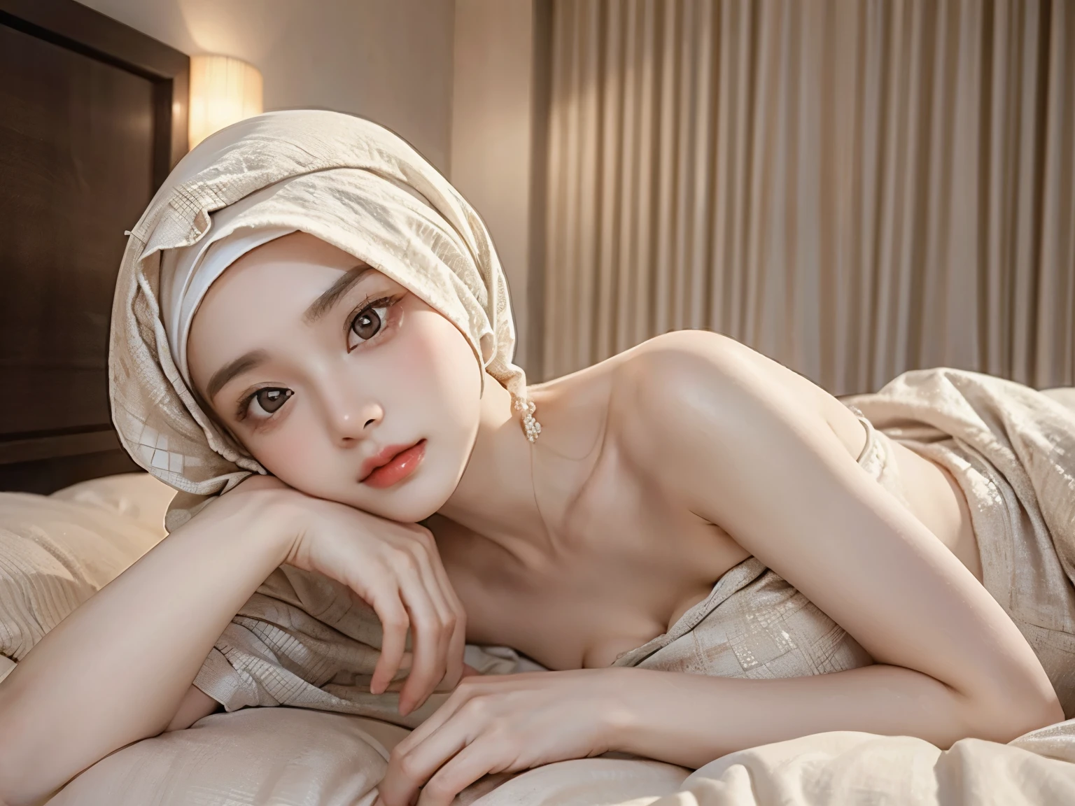 beautiful girl lying on the bed, posing very sexy, big breasts, naked, beautiful, smooth skin, wearing a hijab