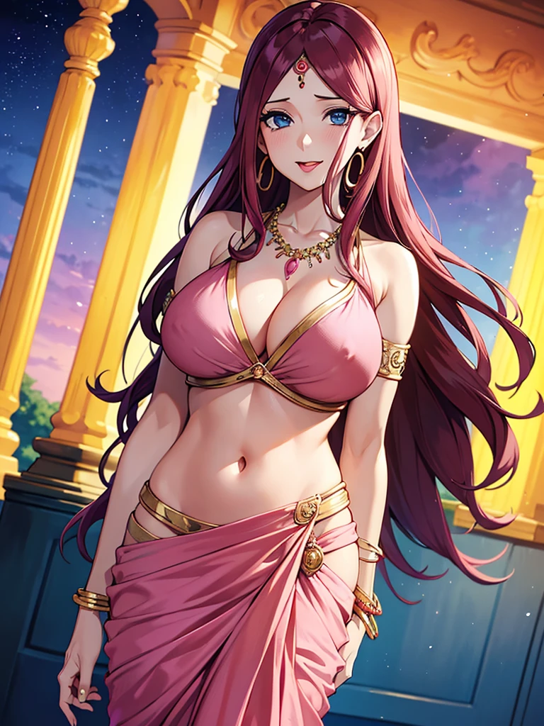 (absurderes, A high resolution, Ultra detailed, hdr), Masterpiece, Best quality, Portrait of an Indian uzumaki_kushina, extreme realistic very beautiful, animated style, closeup shot, anime in a(((pink))) indian dress (((saree))), long black wavy hair untied, head jewellery, necklace, earings, armlets, bangles and bracelets, rings, pleasant expression, bright big blue eyes, natural beauty, vibrant colors,night sky, romantic, soft lighting, vintage aesthetic,huge breast,navel, cleavage ,standing ,mouth open, saliva,tongue out,face on front