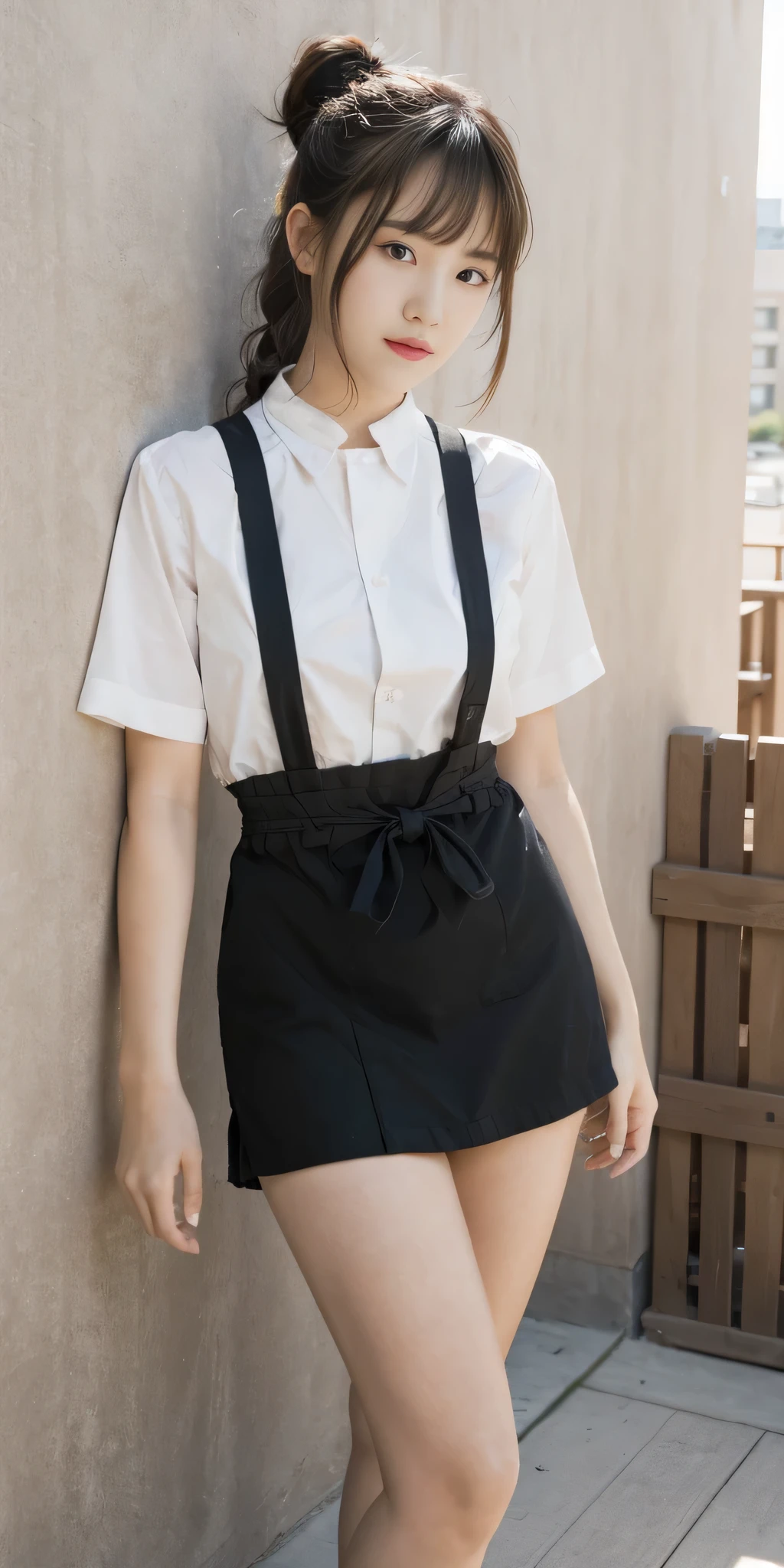 1girl,legs,a girl at building,(((building))), braided bangs,braided ponytail,(solo:1.2),apron,thick thighs,side-tie panties, balck hair, 16yo,looking at viewer, sunlight,hanfu,