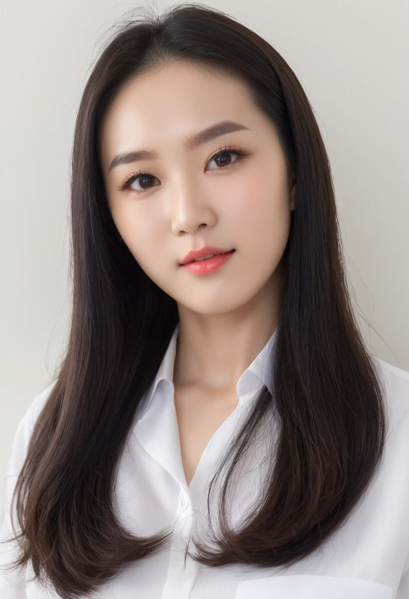 Best Quality, 8k, Masterpiece, (Portrait: 1.3), (photo realistic:1.4), (hyper realistic:1.4), Sharp Focus, looking at viewer, (smoother lighting:1.1), (increase cinematic lighting quality:0.9), realistic lighting, backlighting, light on face, ray trace, (brightening light:1.2), (Increase quality:1.4), sharp detail, (best quality real texture skin:1.4), finely detailed eyes, black_eyes, finely detailed face, 25 year old Korean woman, (white formal_shirt:1.4), (Create an image maintaining the original base model hairstyle:1.5)