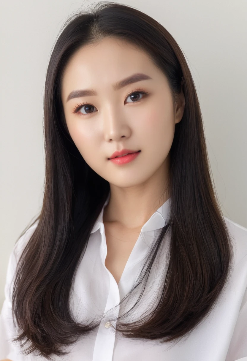 Best Quality, 8k, Masterpiece, (Portrait: 1.3), (photo realistic:1.4), (hyper realistic:1.4), Sharp Focus, looking at viewer, (smoother lighting:1.1), (increase cinematic lighting quality:0.9), realistic lighting, backlighting, light on face, ray trace, (brightening light:1.2), (Increase quality:1.4), sharp detail, (best quality real texture skin:1.4), finely detailed eyes, black_eyes, finely detailed face, 25 year old Korean woman, (white formal_shirt:1.4), (Create an image maintaining the original base model hairstyle:1.5)