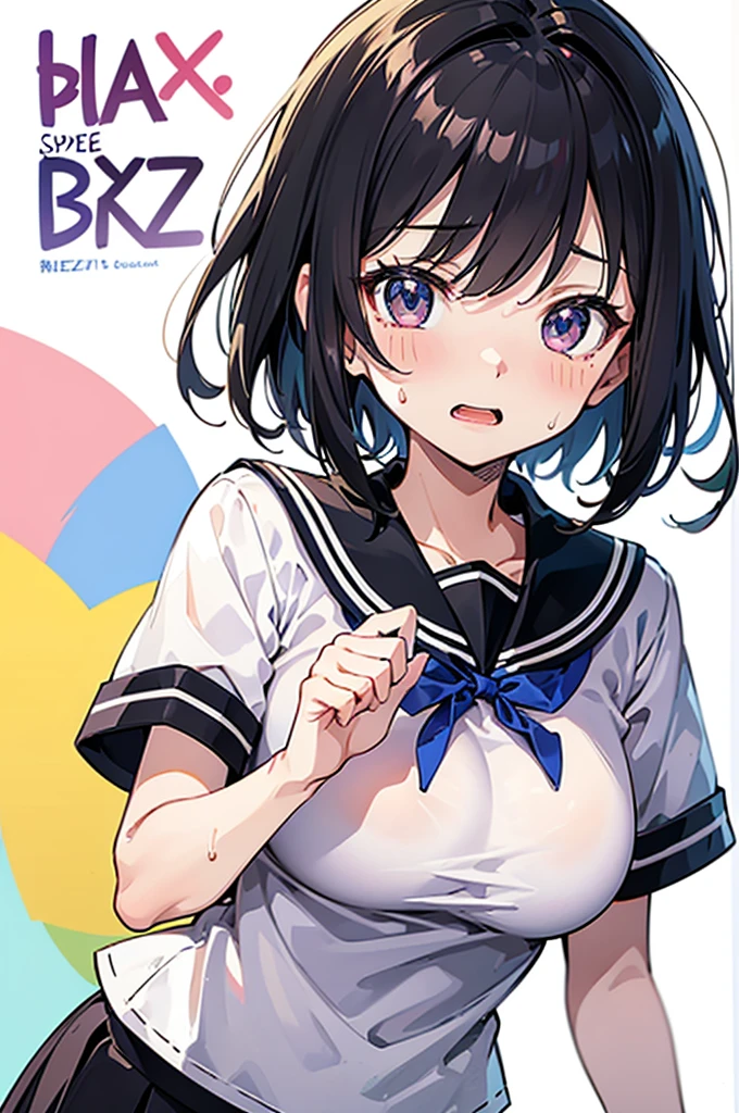 (intricate and super detailed anime style cute illustration),black hair,short hair,short sleeves school blezer uniform,big breasts,
open mouth,sweat,hyper cute,idol magazine cover,