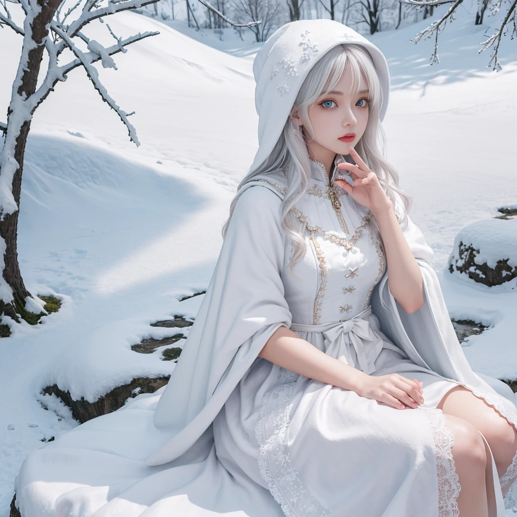 ((best qualtiy)), ((tmasterpiece)), (the detail:1.4), 3D,Ray traching,NVIDIA RTX,Hyper-Resolution, high resolution,(Gorgeous Lolita costume)， Beautiful eyes, White hair, ringed eyes,Squat and sit， (Cloak，snowfield，Snow)