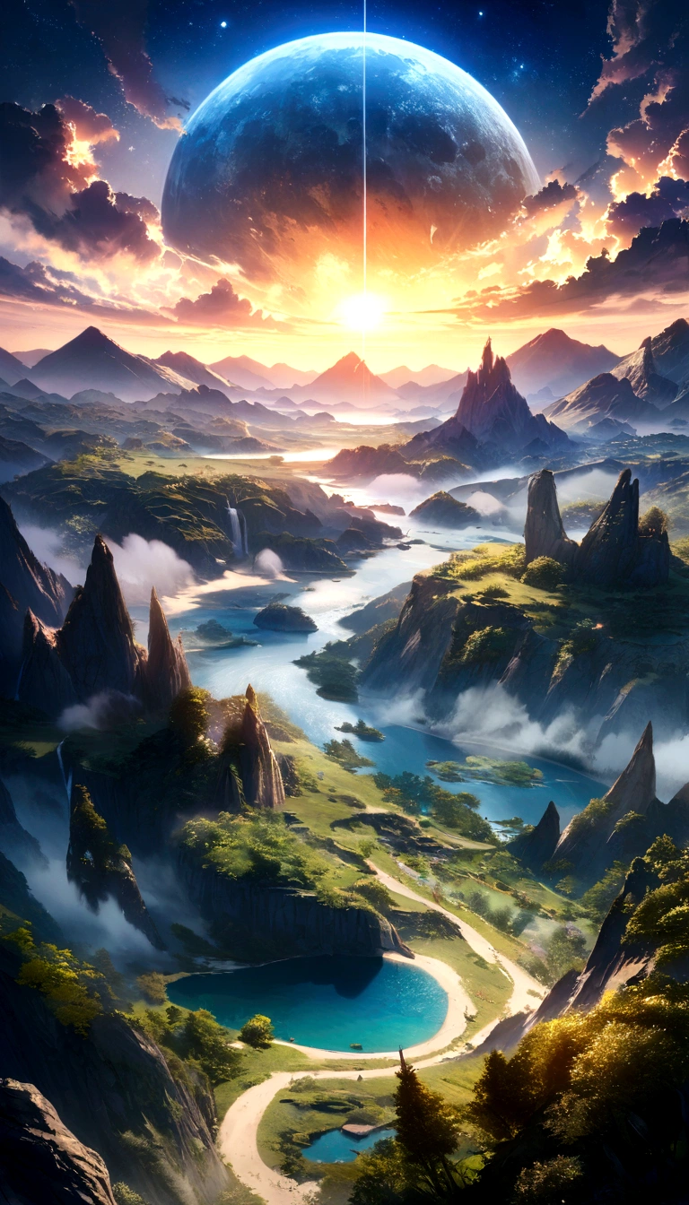 Mountain with the moon in the sky々and lakes, highly 4K detailed digital art, Highly Detailed 4K HD Wallpapers, Amazing fantasy landscape, Science Fiction Fantasy Wallpaper, unreal engine wallpaper 4k, 4K detailed digital art, Science Fiction Fantasy Wallpaper, Epic dreamy fantasy landscape, 4K HD Matte Digital Painting, Amazing 8K Art、Night Sky、Stars in the sky々is shining、A big moon rises、Fantastic landscape