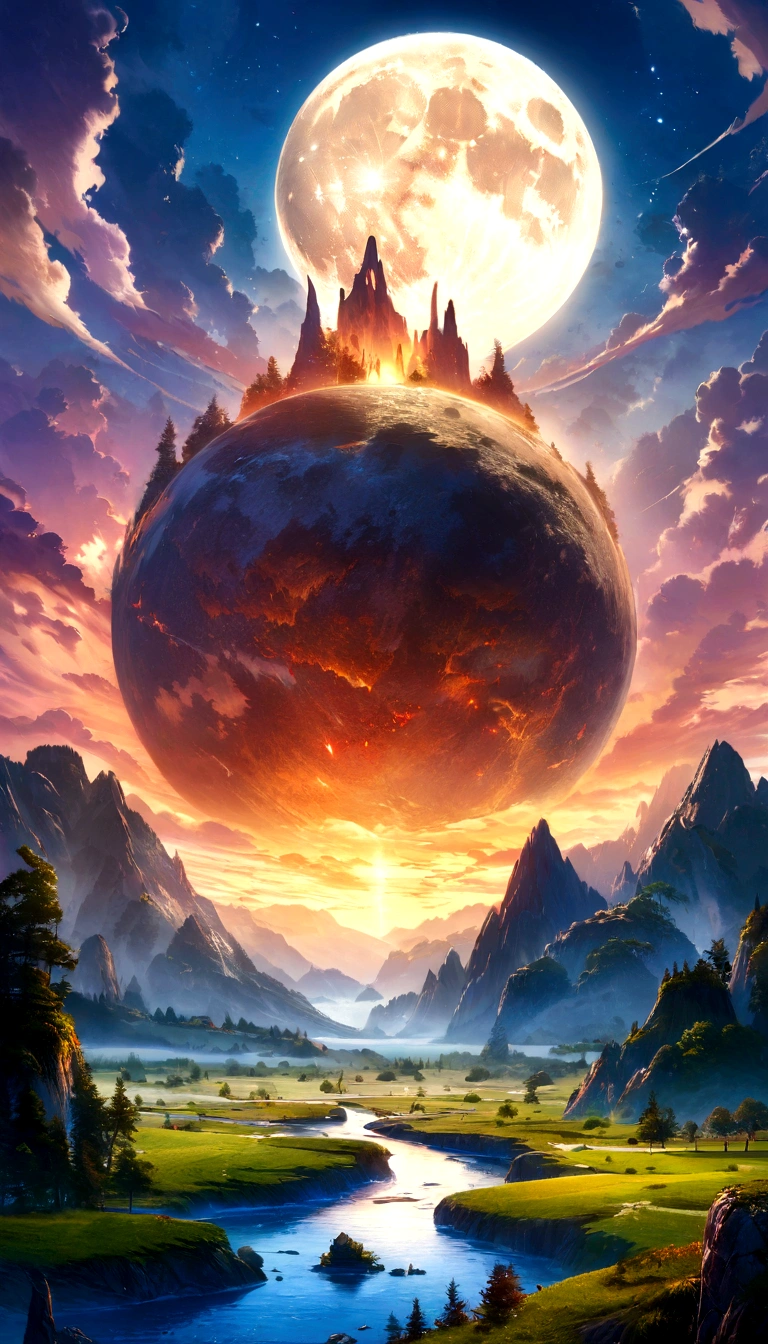Mountain with the moon in the sky々and lakes, highly 4K detailed digital art, Highly Detailed 4K HD Wallpapers, Amazing fantasy landscape, Science Fiction Fantasy Wallpaper, unreal engine wallpaper 4k, 4K detailed digital art, Science Fiction Fantasy Wallpaper, Epic dreamy fantasy landscape, 4K HD Matte Digital Painting, Amazing 8K Art、Night Sky、Stars in the sky々is shining、A big moon rises、Fantastic landscape