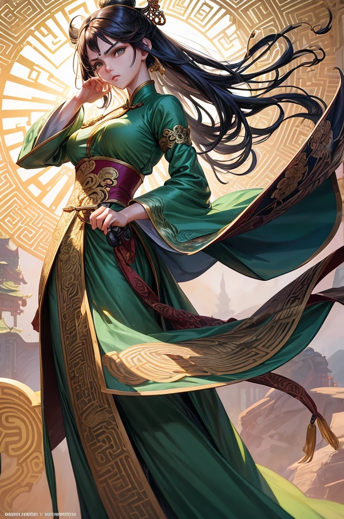((whole body)), samdoesarts style award winning whole body portrait of a beautiful woman, ((Perfect female face)),((Chinese green clothes)), ((Green Peking Opera Costume)), (Long sleeve) Gazebo, complicated, (beautiful details eyes, elongated eyebrows),((Hairpin, twisted hair)),(sadness), ((tears)), (Sunlight), Shadow flat illustration, Digital art, Popular topics on ArtStation, Very detailed, Fine details, Wheels within wheels, artgerm、Artwork by rutkowski and alphonse mucha,