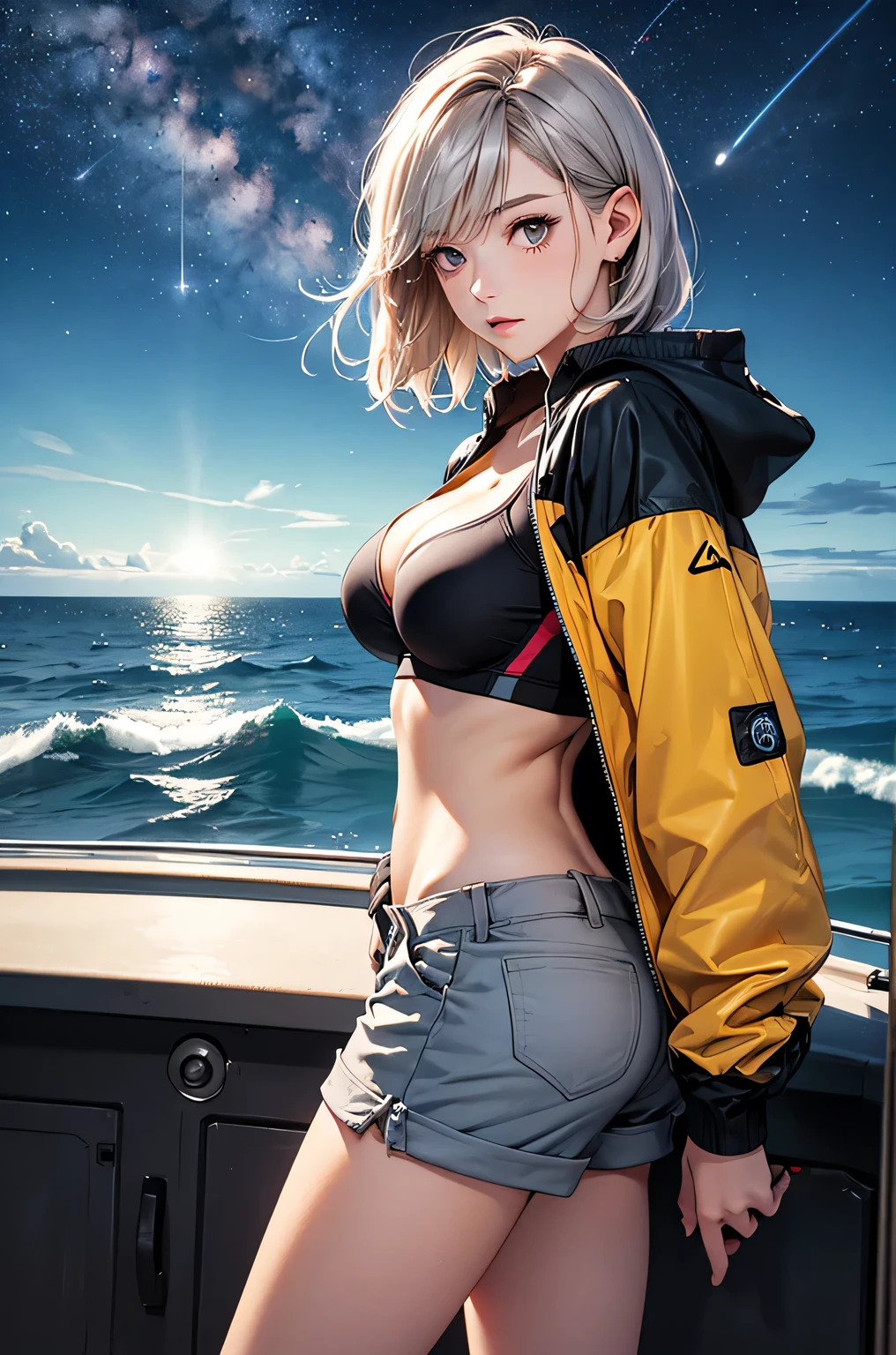 (masterpiece:1.5, Highest quality, Very detailed、 Dutch Angle、Realistic、2.5D、Realistic)(One Girl, Sports Girl)(Grey Hair:1.6,,short hair)(Sports Bra、Jacket:1.5、Shorts、肩にJacketをかける)、((medium breasts, Beautiful cleavage,underboob))(from backside),(Beautiful starry sky、Mystical Night、Particles of light float around the woman、Fantastic space、Ocean、On the boat)