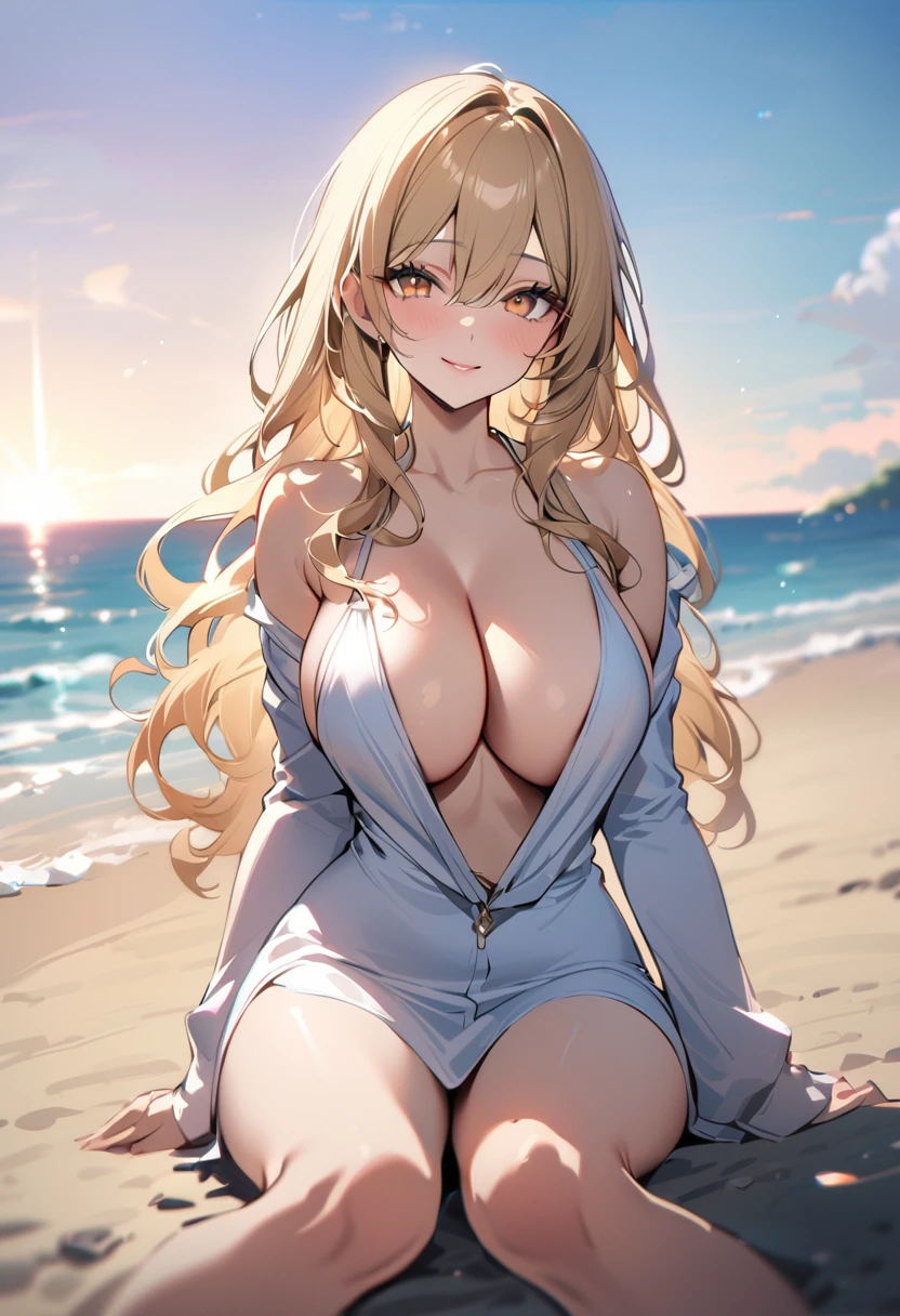 1 lady, 20 years old, blonde hair, long hair, wavy hair, light brown eyes, huge breasts,
BREAK (masterpiece), (high resolution 8K), cinematic lighting, professional lighting, detailed eyes and face, detailed body, 
BREAK　A beautiful  woman stands at the end of a wooden jetty, her gaze pensive as she looks out over the calm, azure sea. She’s wearing a sleek, navy blue bikini that contrasts elegantly with the light wood and the clear blue water. Her hands are lightly clasped in front of her, and her posture is relaxed yet composed. The camera captures her from a medium distance, allowing the length of the jetty and the vast ocean to frame her thoughtfully, emphasizing a moment of solitude and reflection