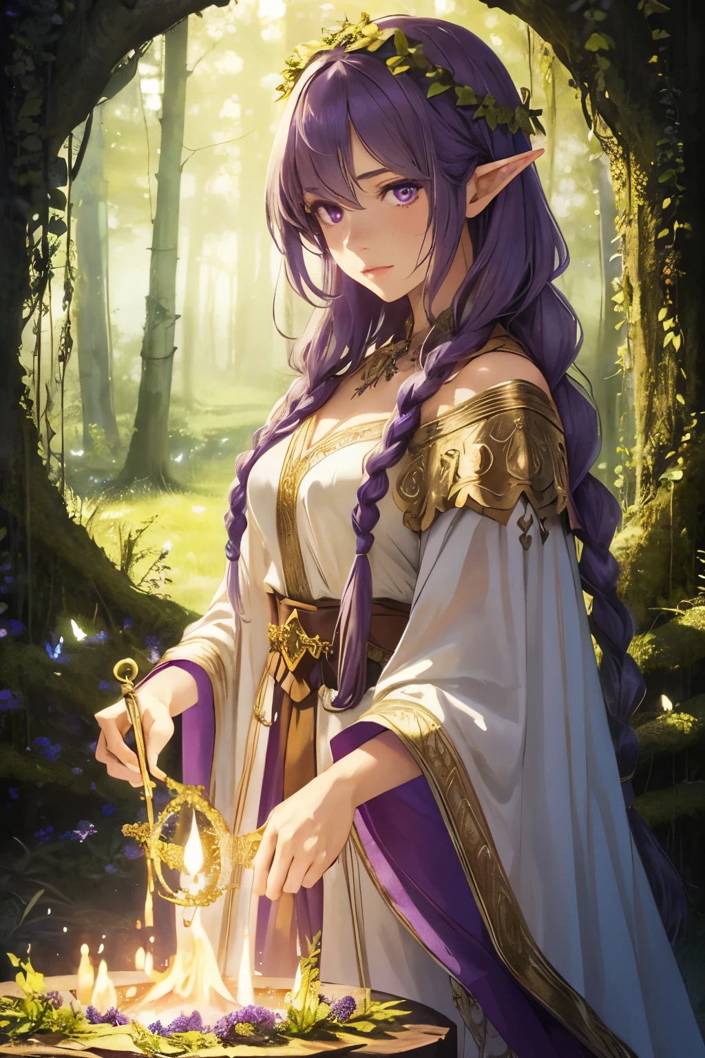 ((best quality)), ((masterpiece)), (detailed), 1girl, (masterpiece), best quality, expressive eyes, perfect face, magical, fantasy, woman, adult woman, Half-elf, druid, long brown hair, hair half up half down with braids, lavender purple eyes, gold accessories, fair skin, pretty, freckles, in forest, druid clothing, magical glowing, magical forest, nighttime, casting a magical spell, casting spell, majestic, glowing light magic, epic, powerful, greenery, vines, nature, flowers, purple butterfly